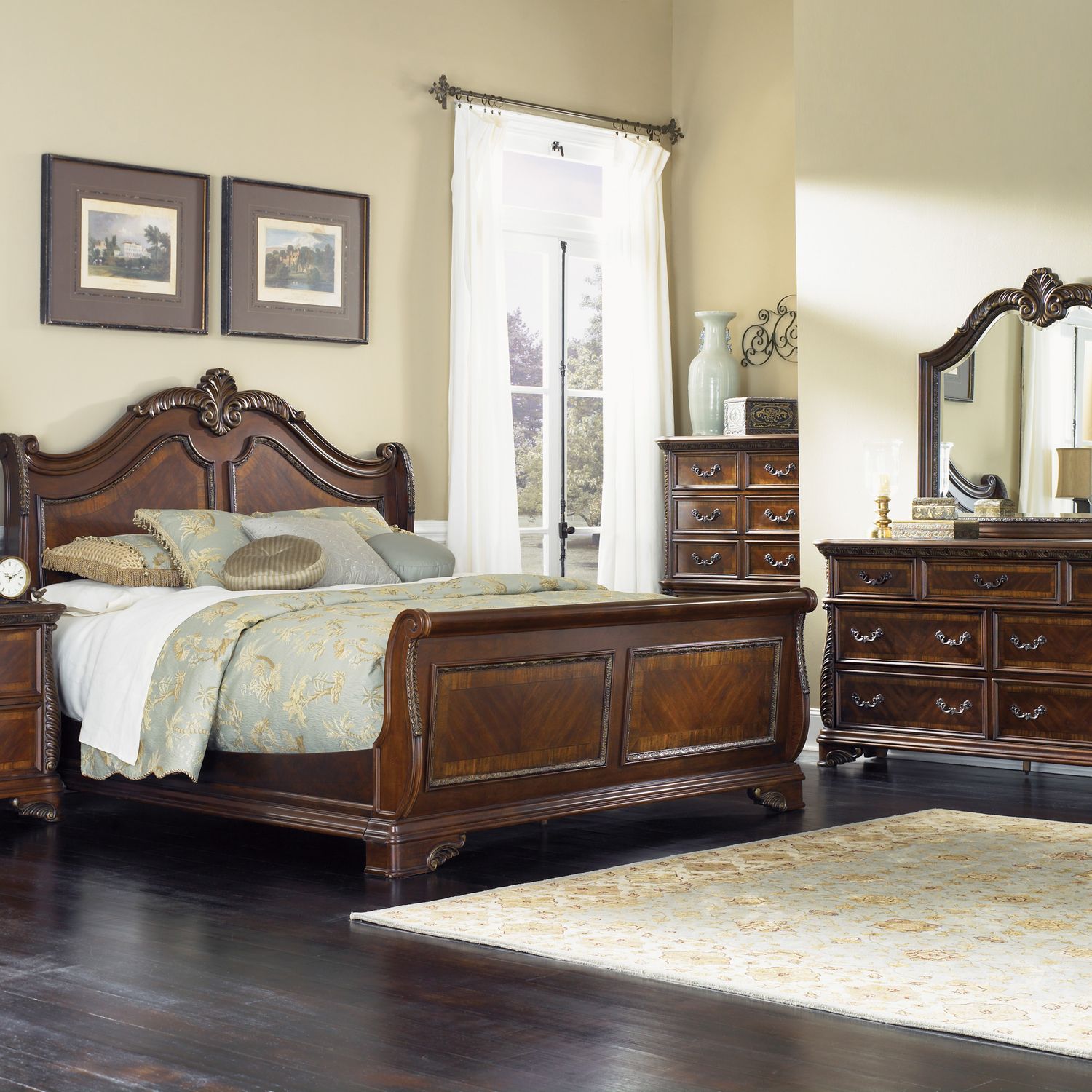 Queen Sleigh Bed, Dresser & Mirror