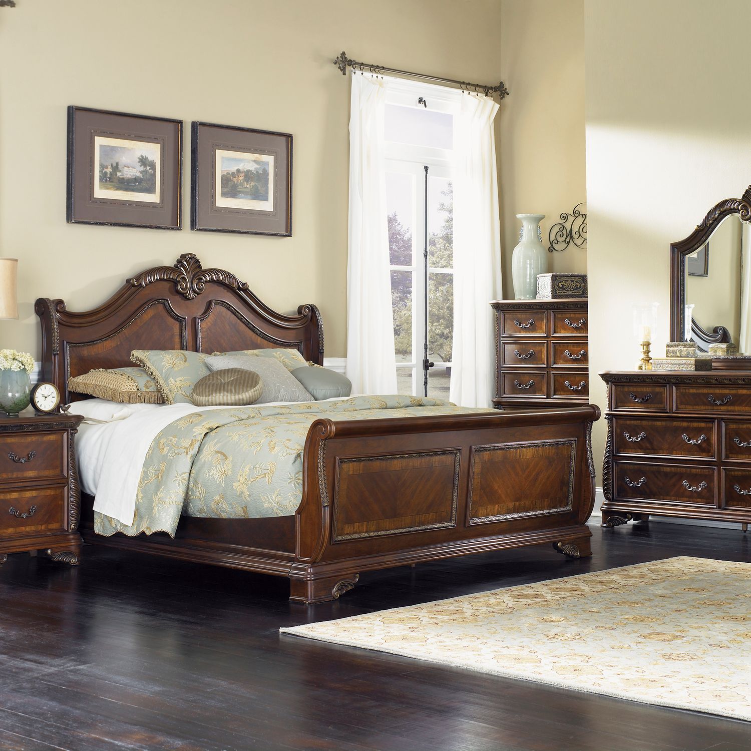 Queen Sleigh Bed, Dresser & Mirror, Chest, N/S