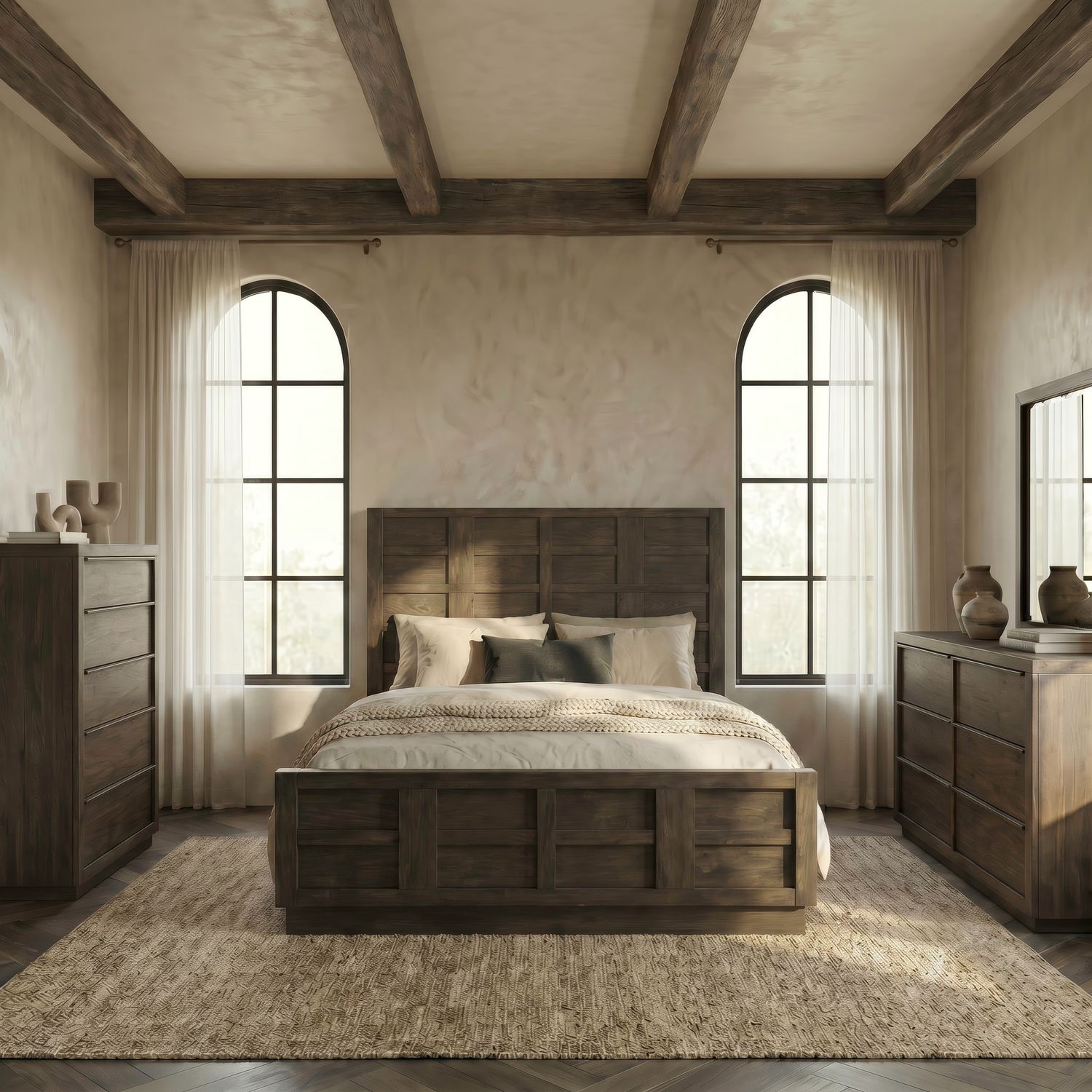 King Panel Bed, Dresser & Mirror, Chest