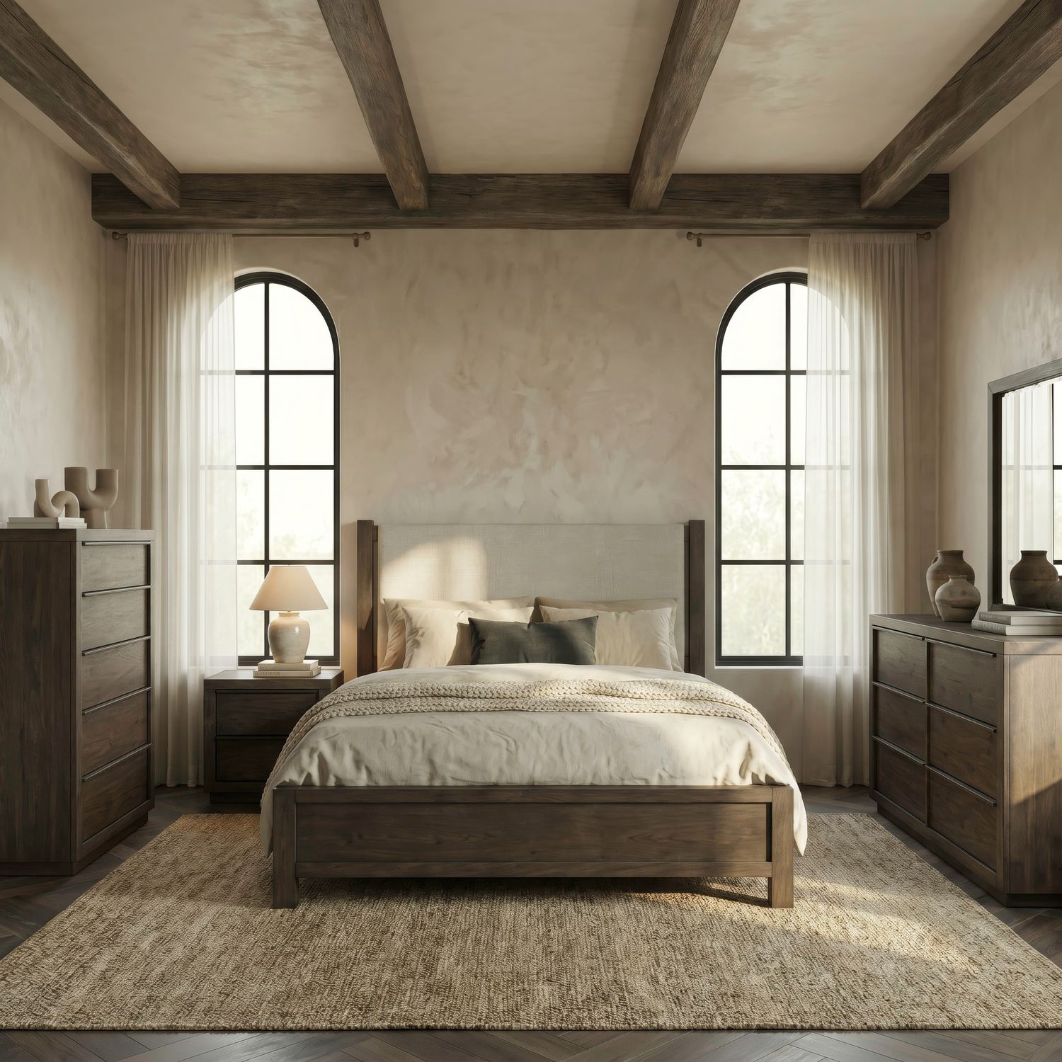 King Uph Bed, Dresser & Mirror, Chest, Night Stand