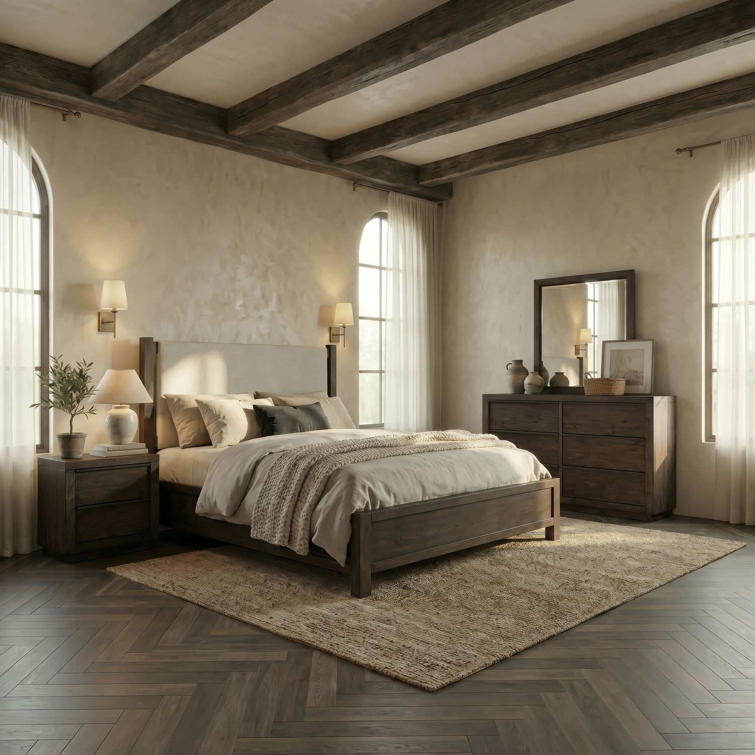 King Uph Bed, Dresser & Mirror, Night Stand
