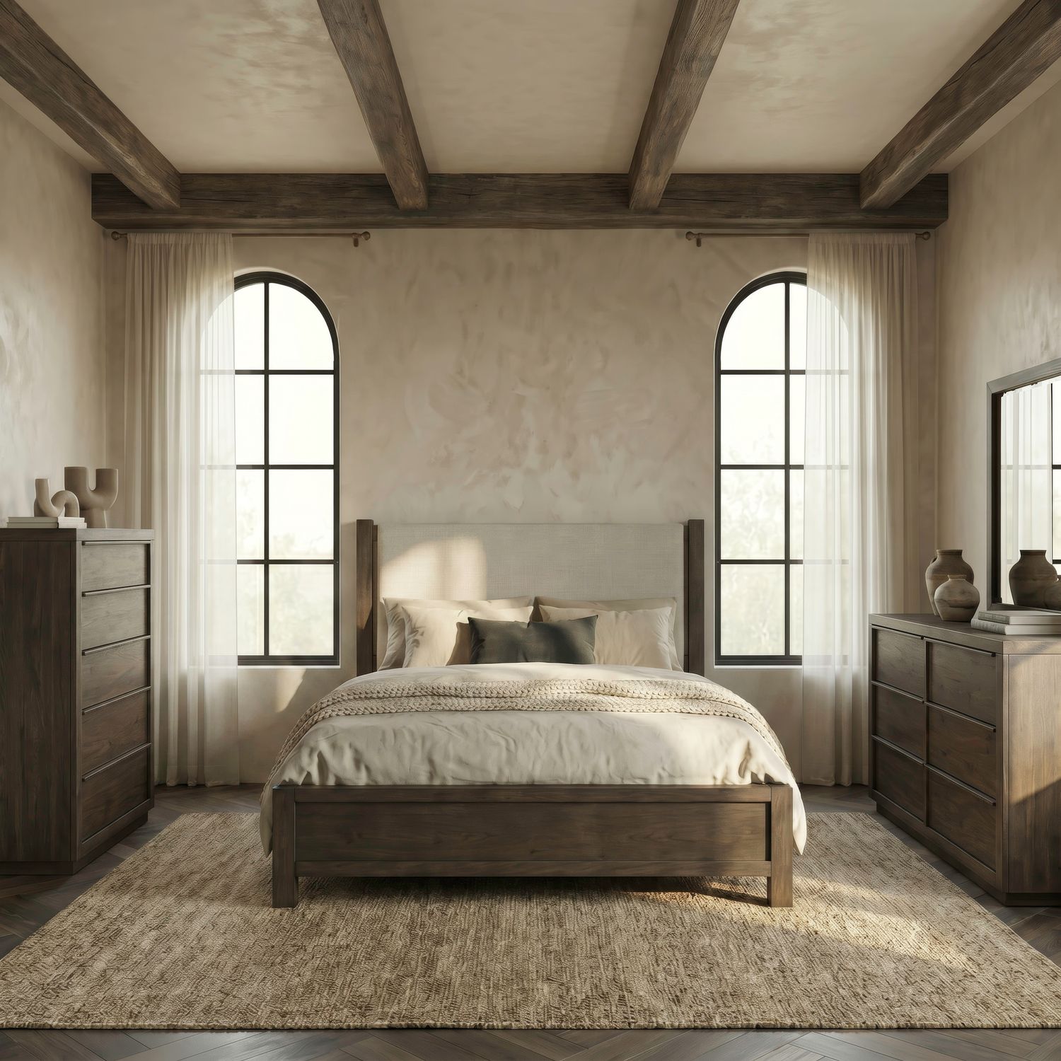 Queen Uph Bed, Dresser & Mirror, Chest