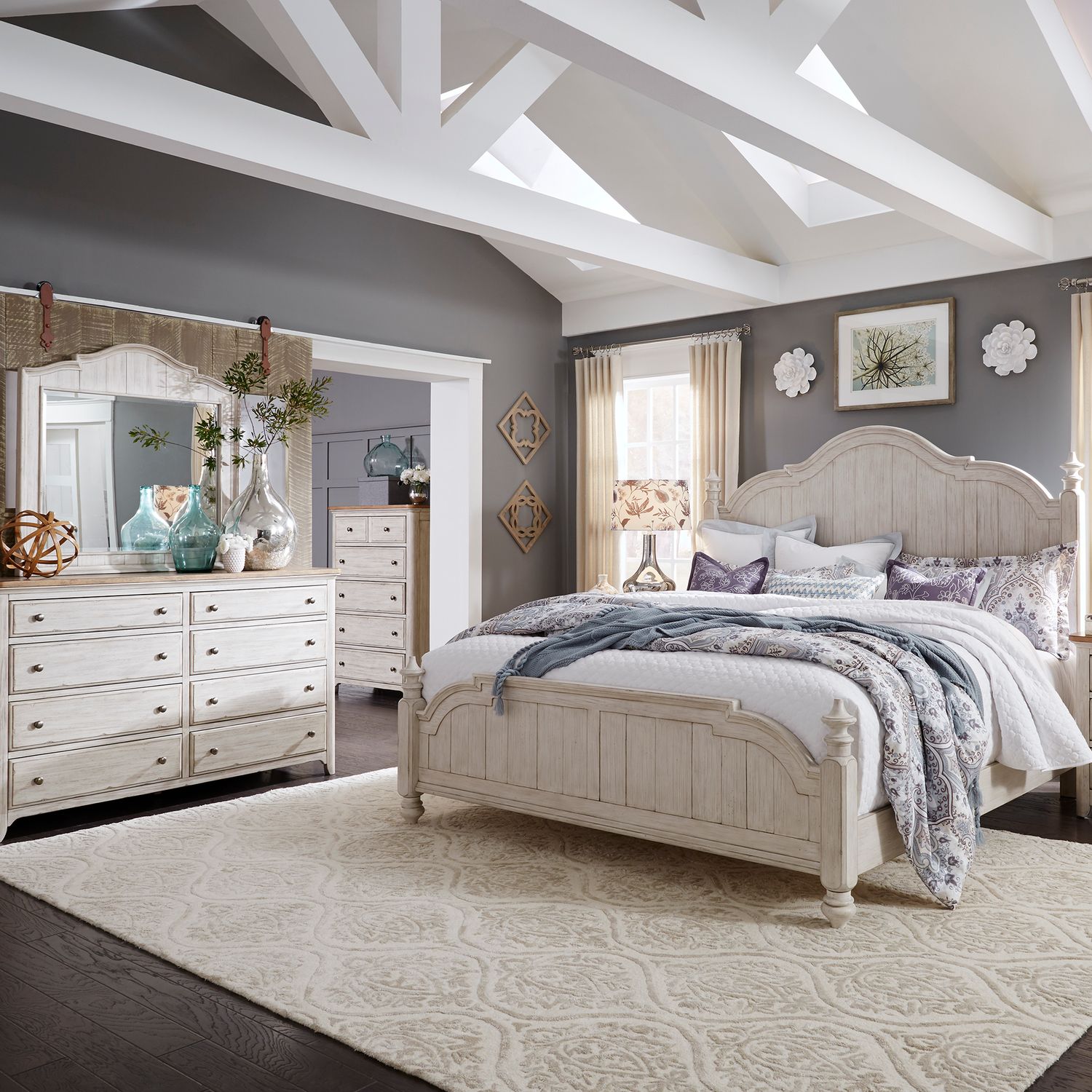 King Poster Bed, Dresser & Mirror, Chest