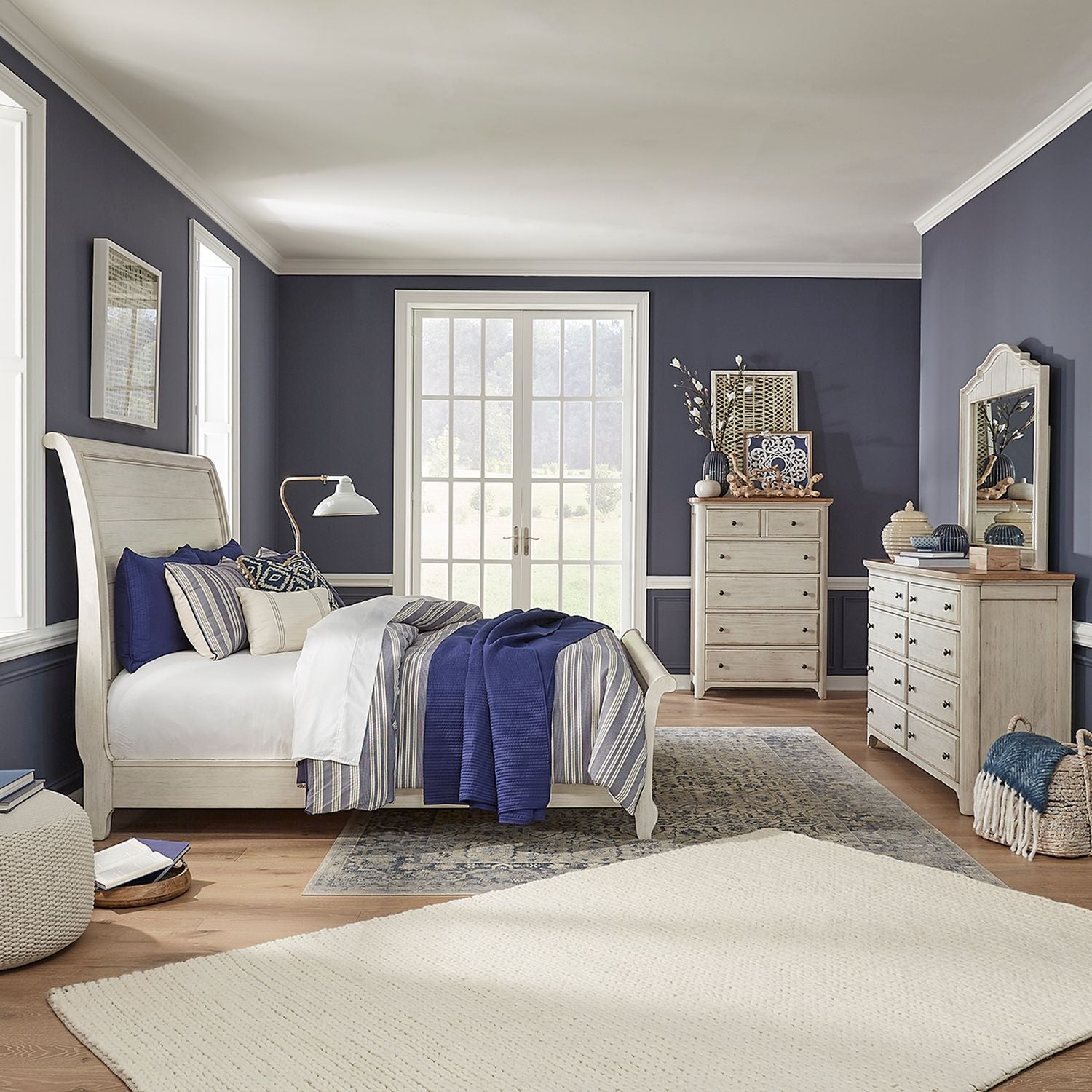 King Sleigh Bed, Dresser & Mirror, Chest