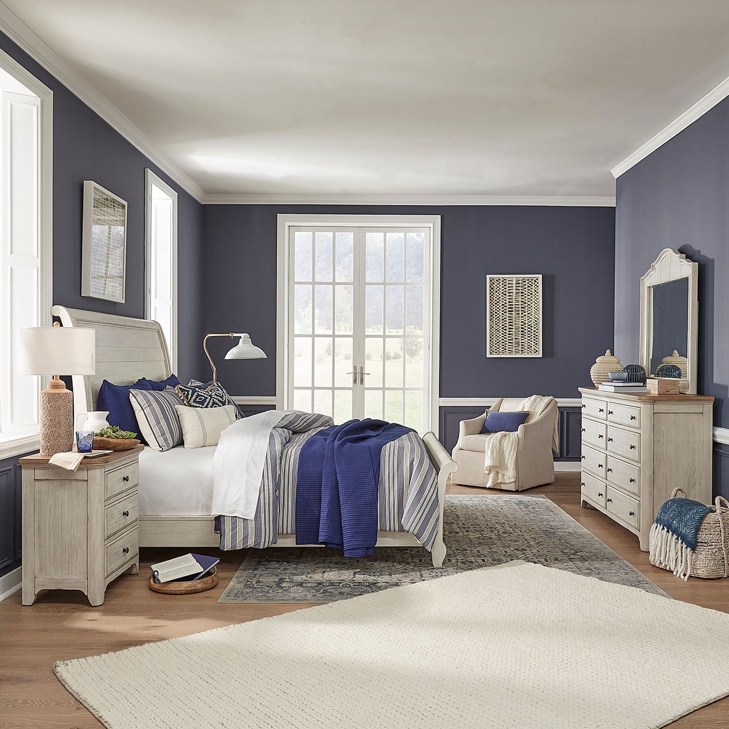 King Sleigh Bed, Dresser & Mirror, Night Stand