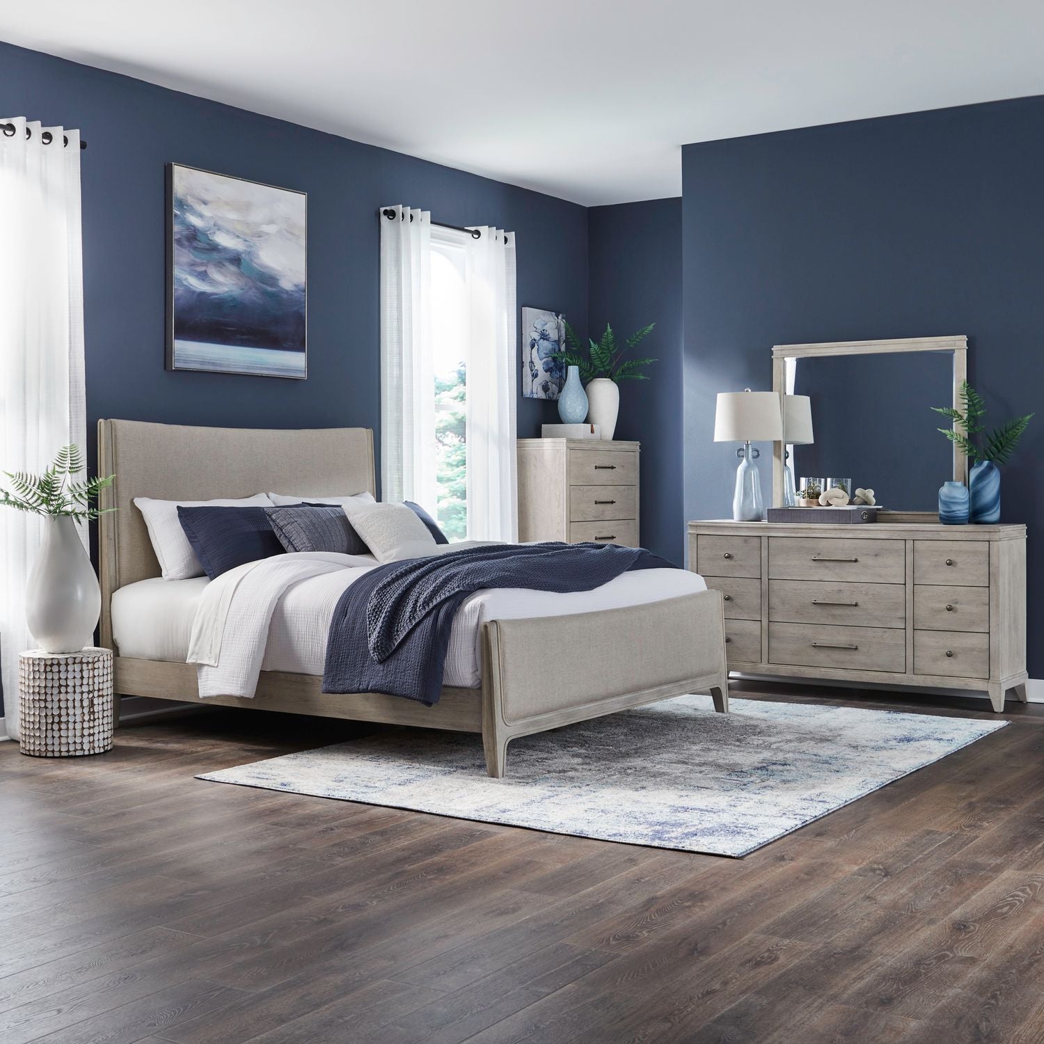 King California Uph Bed, Dresser & Mirror, Chest