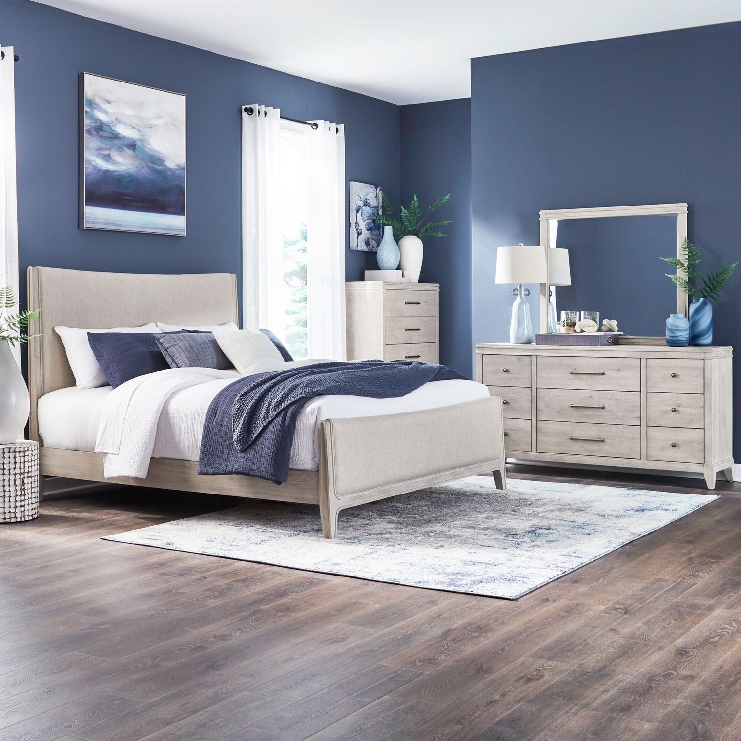King Uph Bed, Dresser & Mirror, Chest
