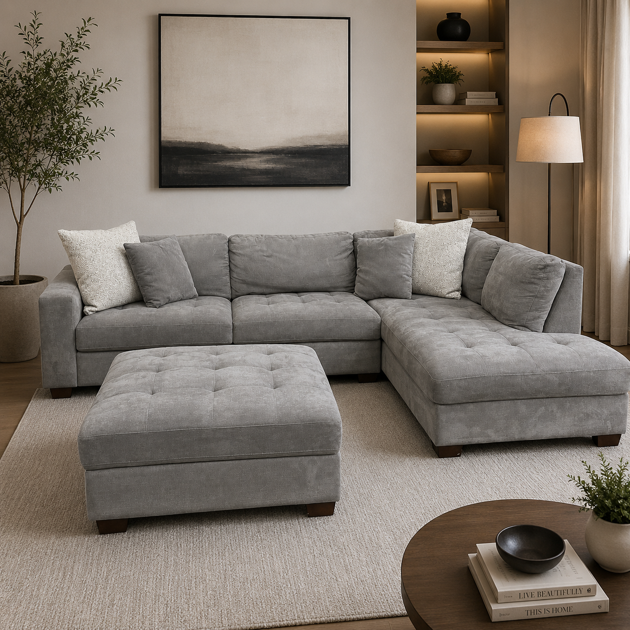 Sectional with RAF Bumper Chaise and Matching Ottoman