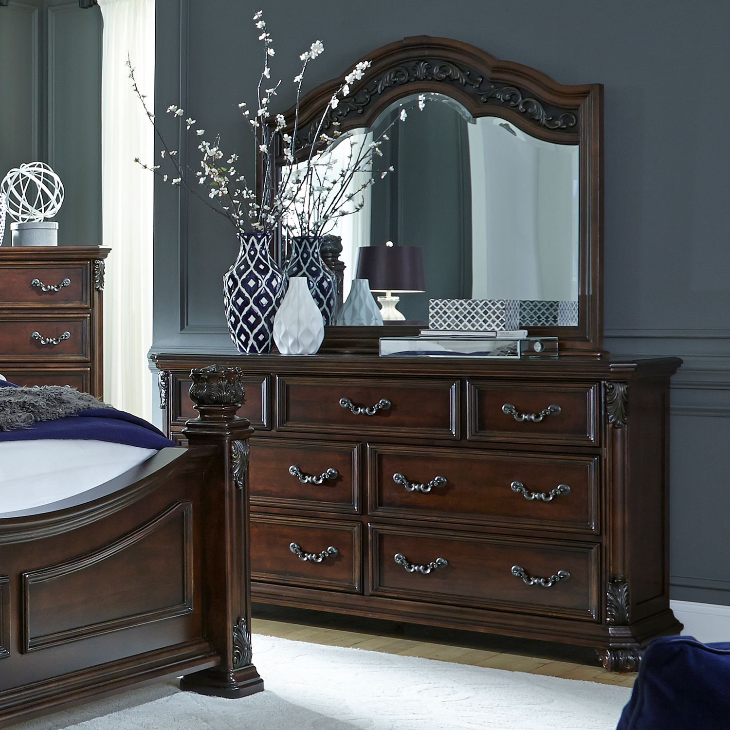 King Poster Bed, Dresser & Mirror, Night Stand