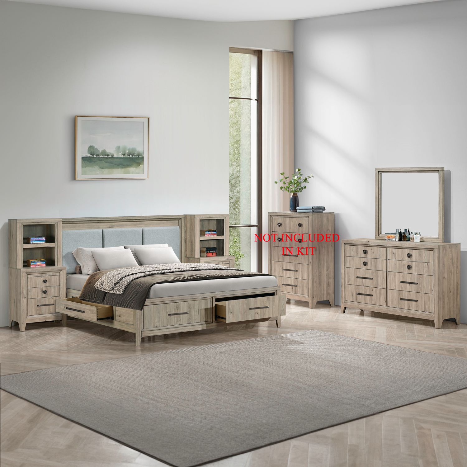 King California Two Sided Storage Bed, Dresser & Mirror, N/S
