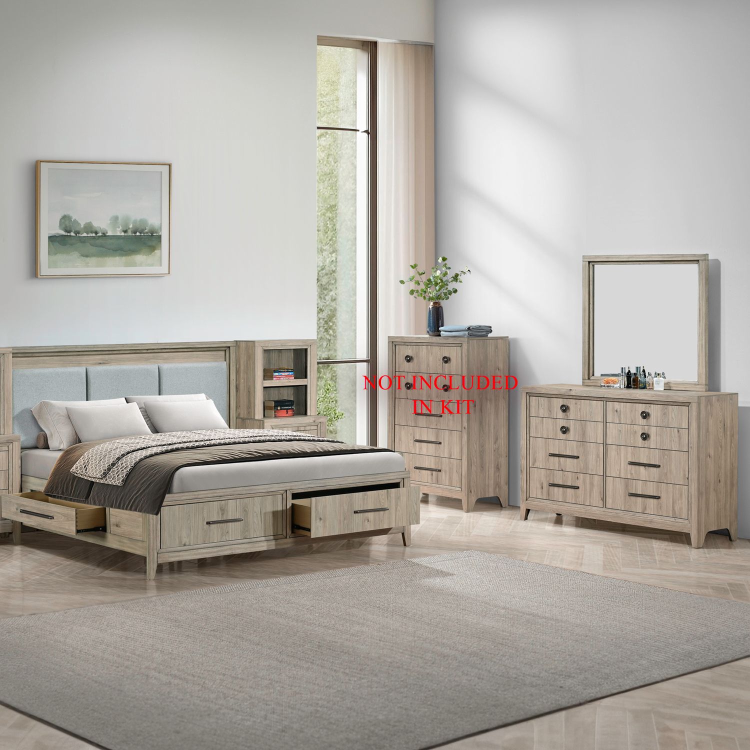 King Two Sided Storage Bed, Dresser & Mirror