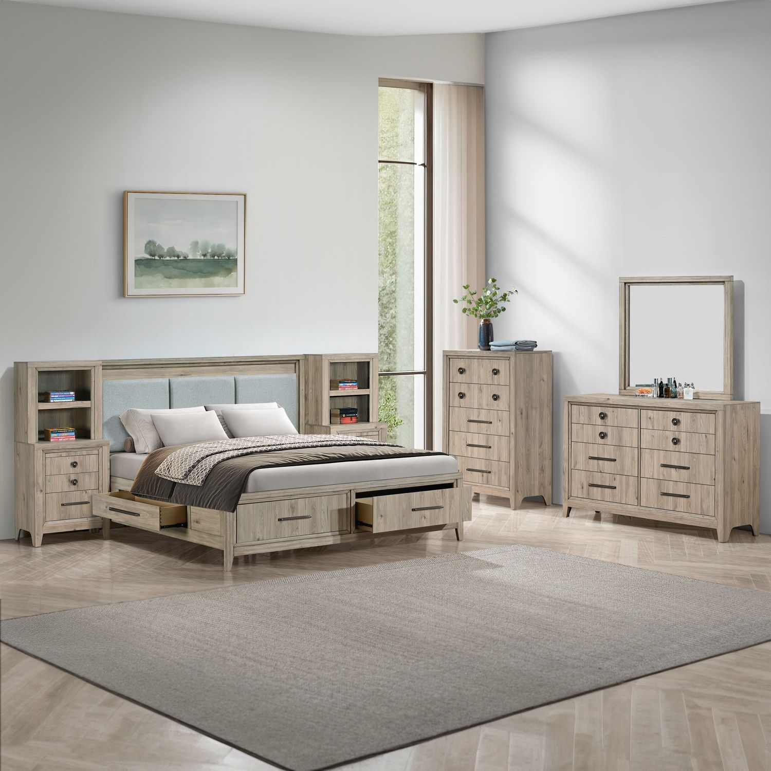 King Two Sided Storage Bed, Dresser & Mirror, Chest, Night Stand