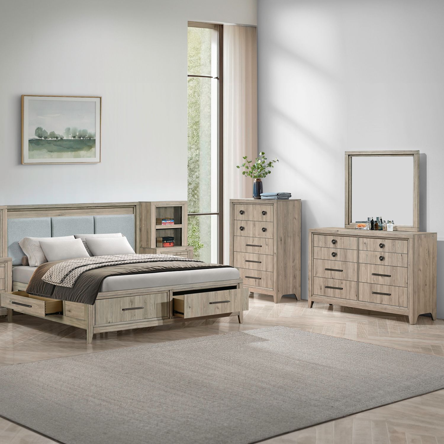 Queen Two Sided Storage Bed, Dresser & Mirror, Chest