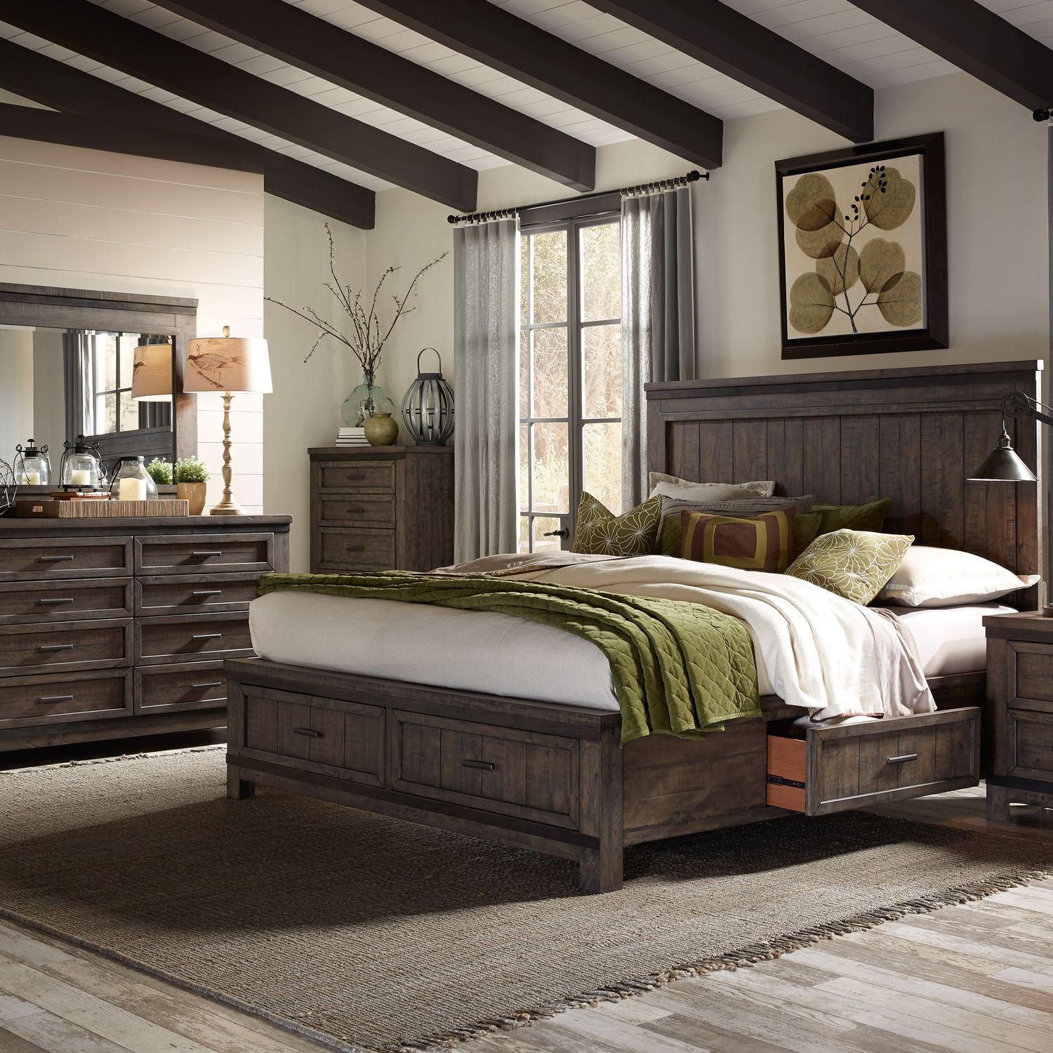 King Two Sided Storage Bed, Dresser & Mirror, Chest
