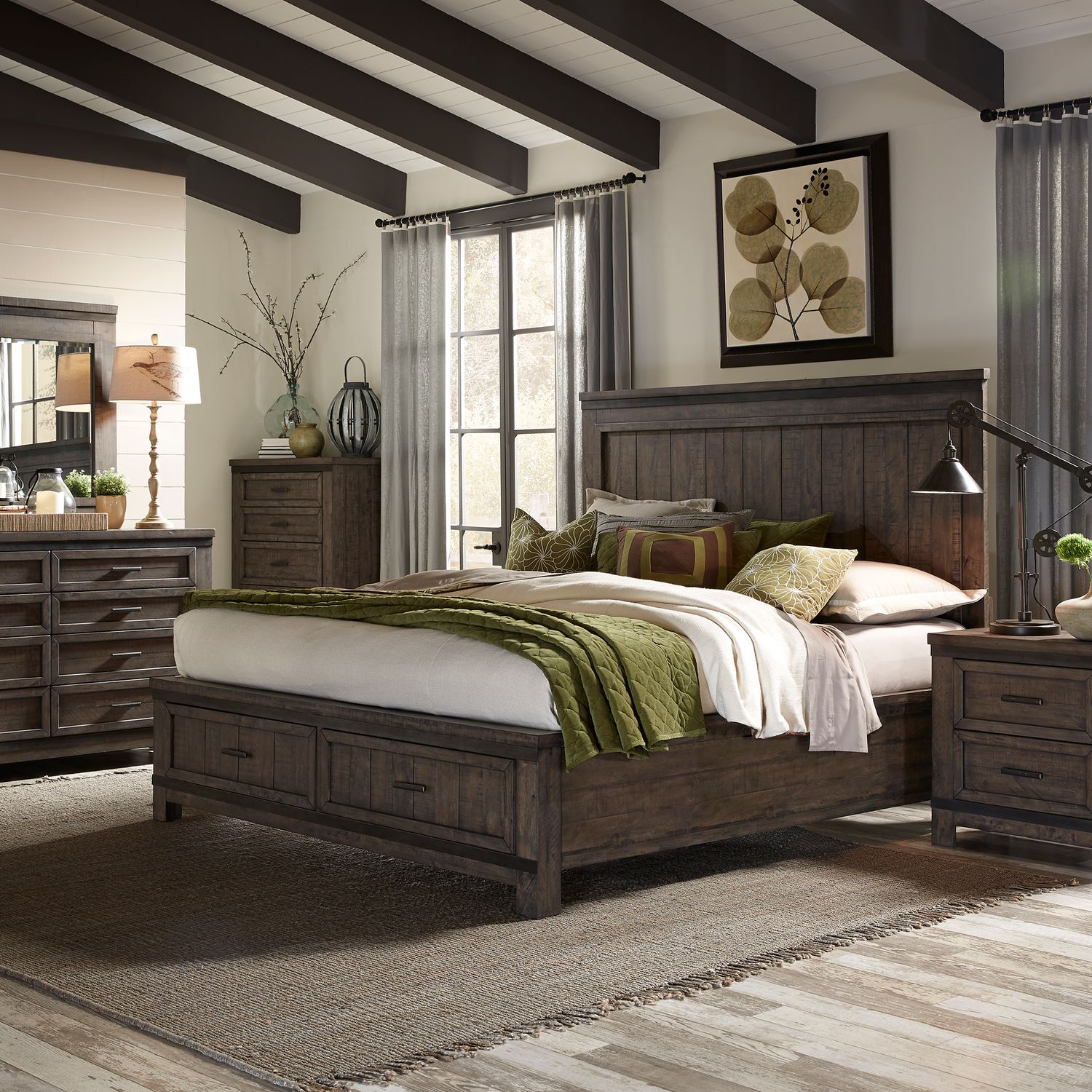 King Storage Bed, Dresser & Mirror, Night Stand