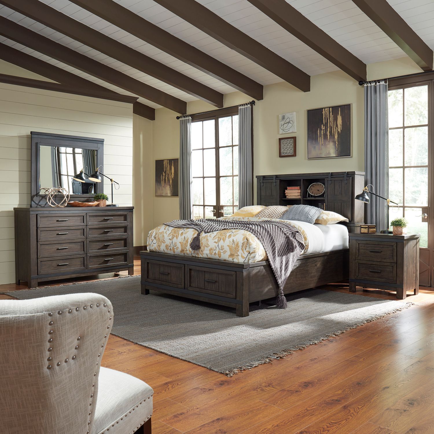 Queen Bookcase Bed, Dresser & Mirror, Night Stand