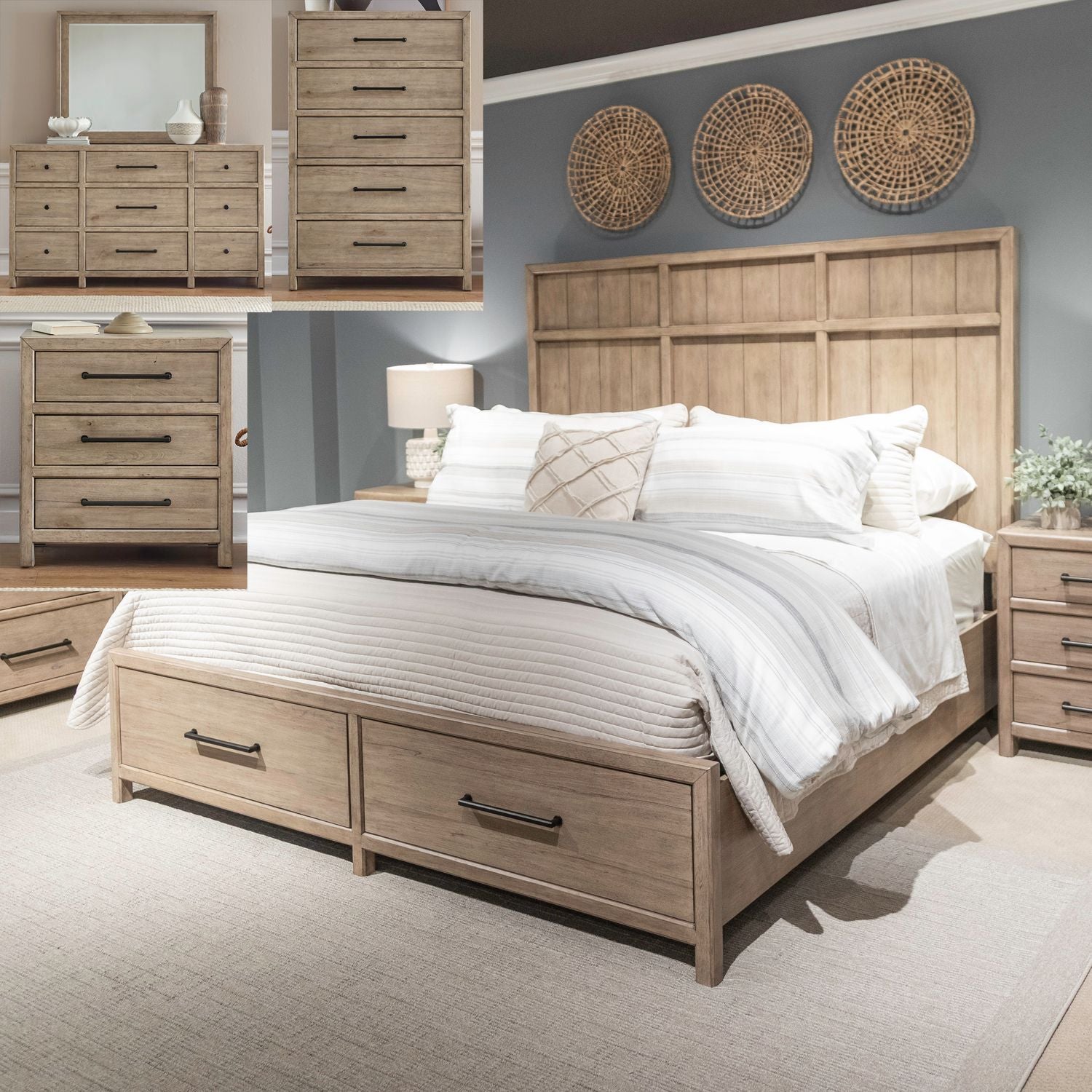 Queen Storage Bed, Dresser & Mirror, Chest, Night Stand