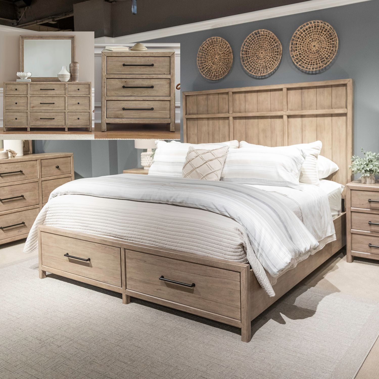 Queen Storage Bed, Dresser & Mirror, Night Stand