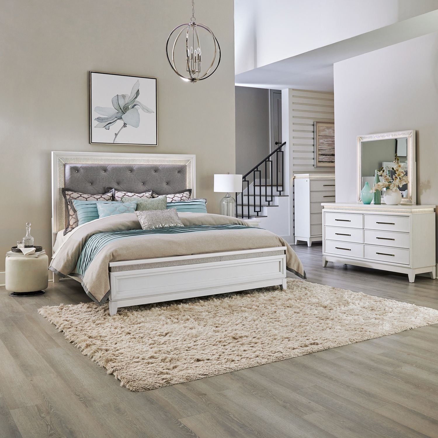 Queen Uph Bed, Dresser & Mirror, Chest