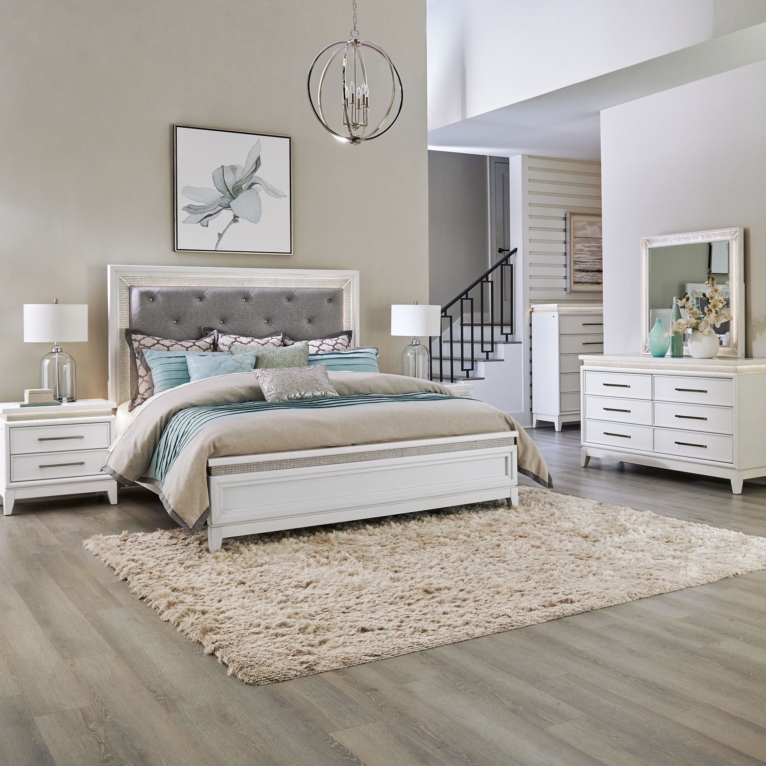 Queen Uph Bed, Dresser & Mirror, Chest, Night Stand