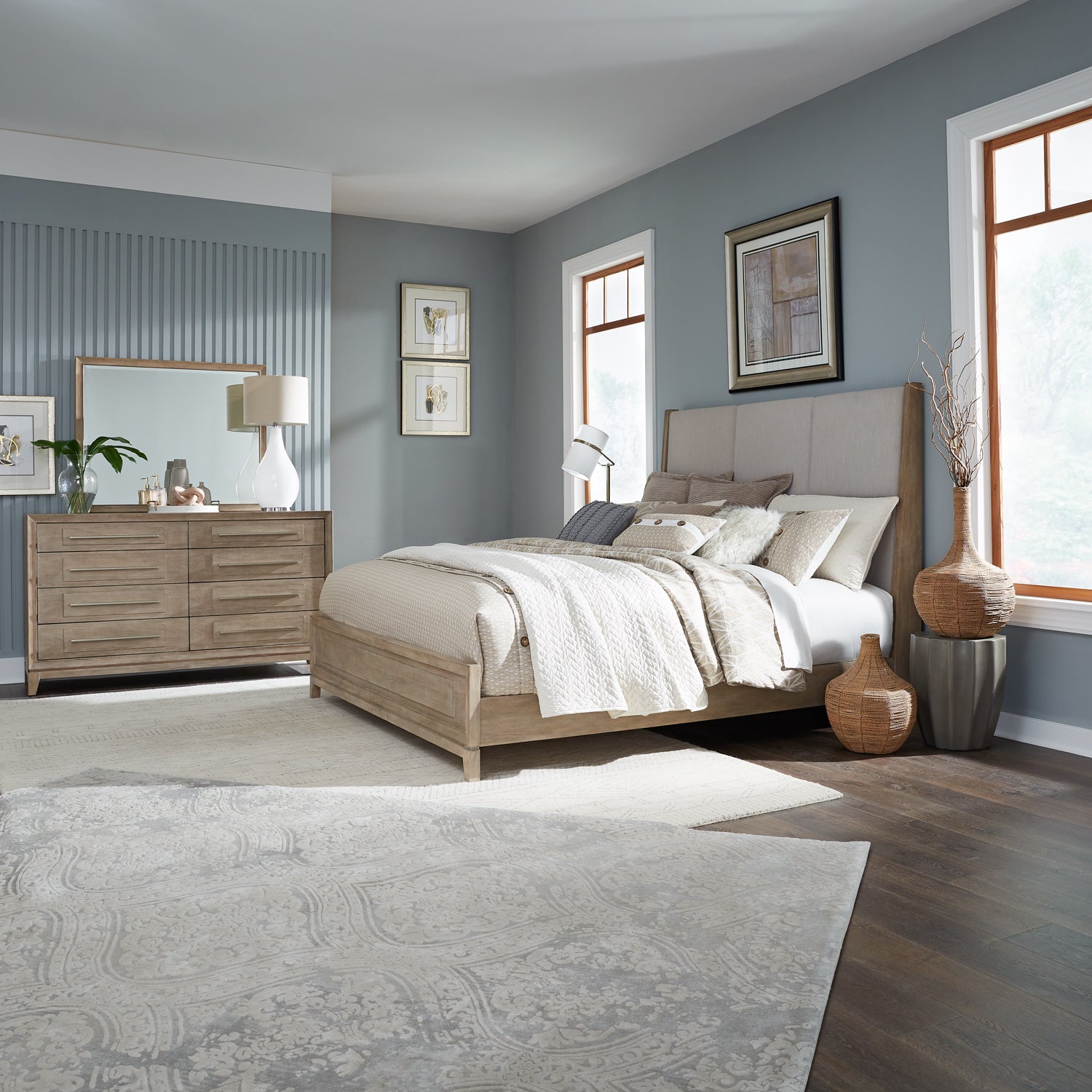 Brentwood 3-Piece Upholstered Bed, Dresser & Mirror Set