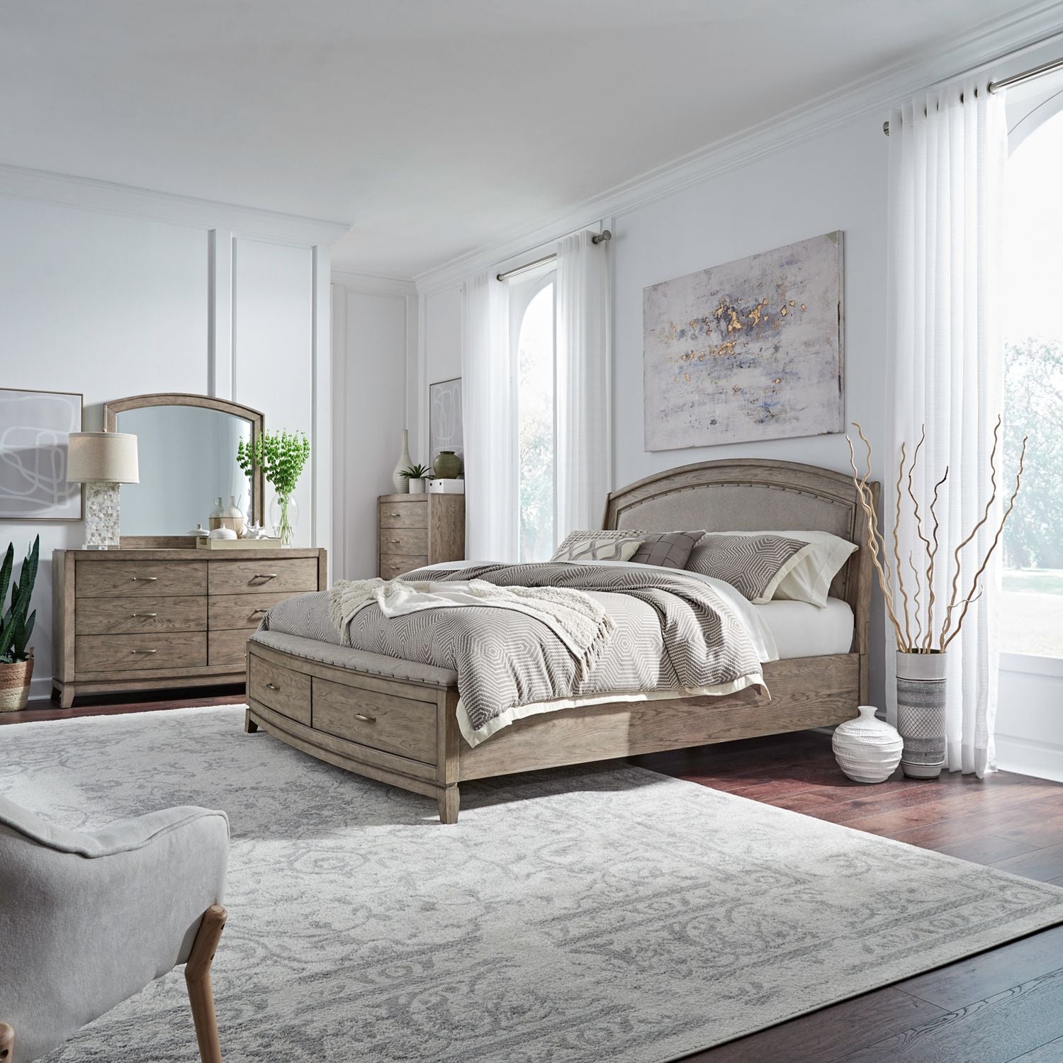 King California Uph Storage Bed, Dresser & Mirror, Chest