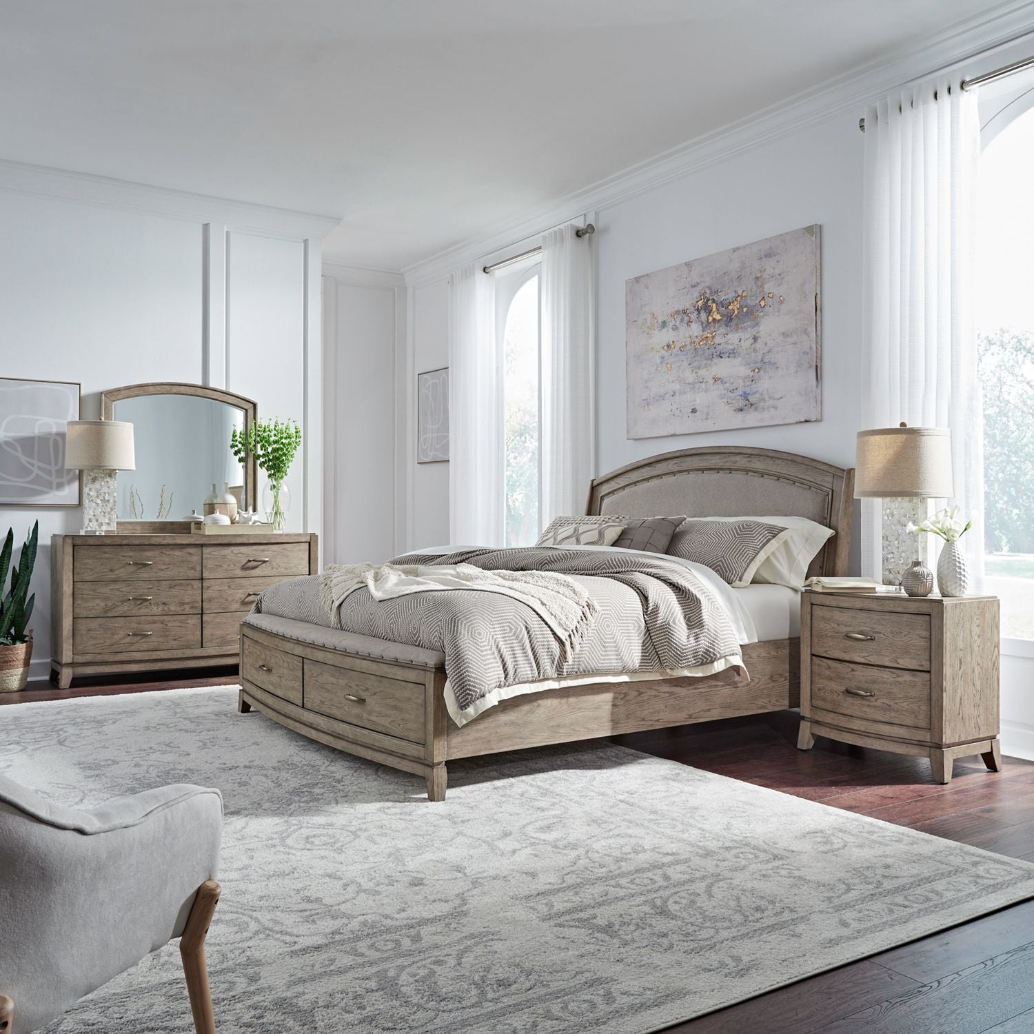 King California Uph Storage Bed, Dresser & Mirror, Night Stand