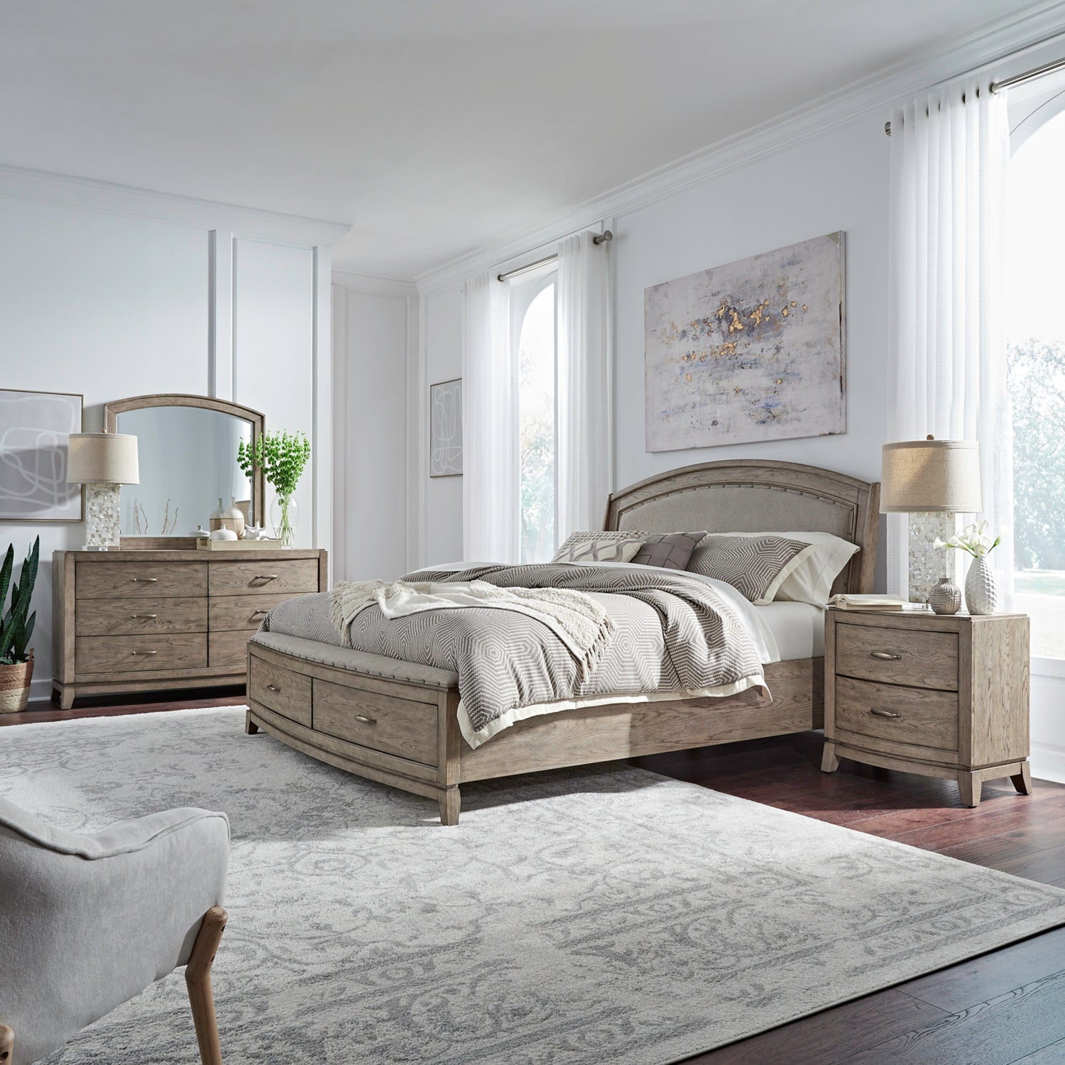 Avalon 4-Piece Upholstered Storage Bed, Dresser, Mirror & Nightstand Set