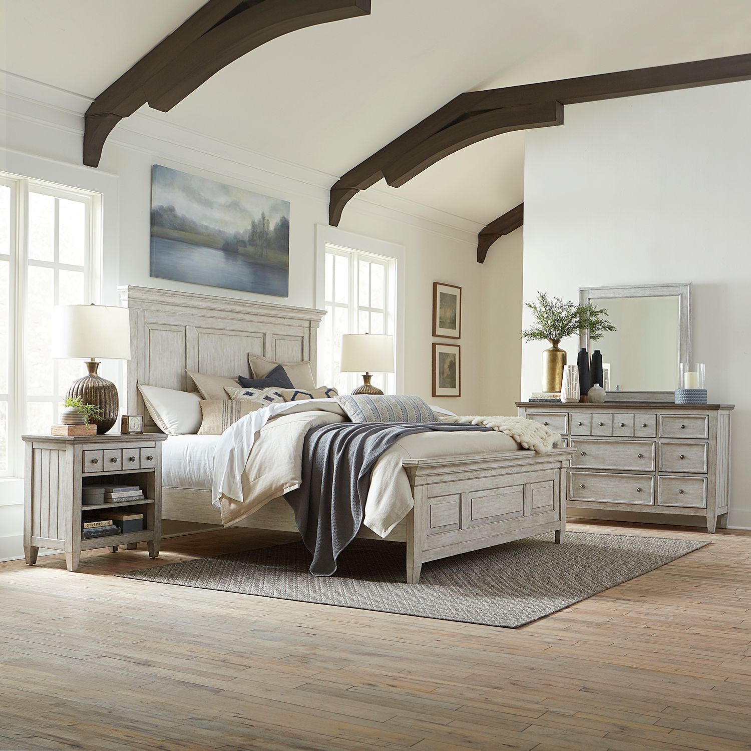 King Panel Bed, Dresser & Mirror, Night Stand