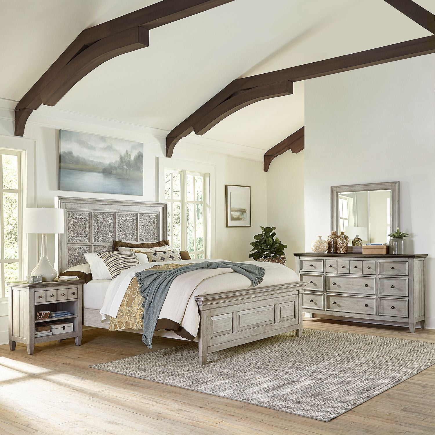 King Opt Panel Bed, Dresser & Mirror, Night Stand