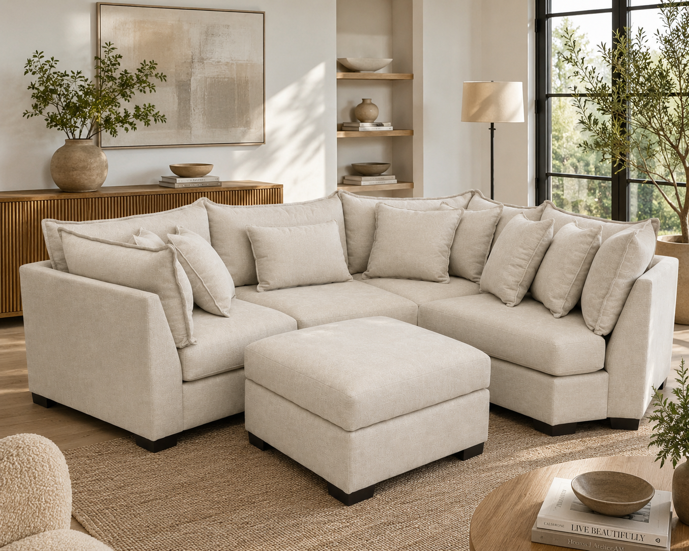 Alina 4 Pc Corner Sectional with Storage Ottoman in Ivory