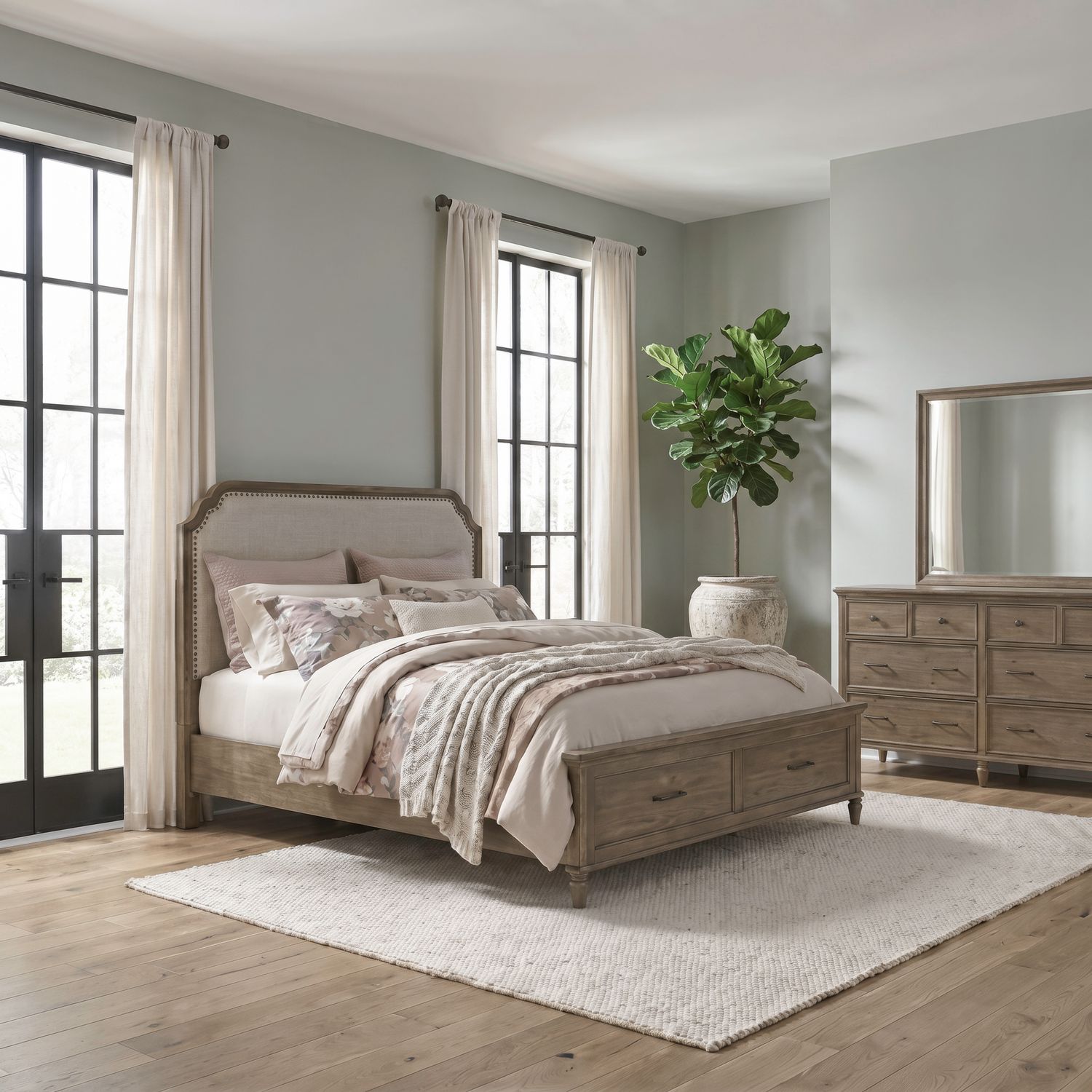 King California Uph Storage Bed, Dresser & Mirror