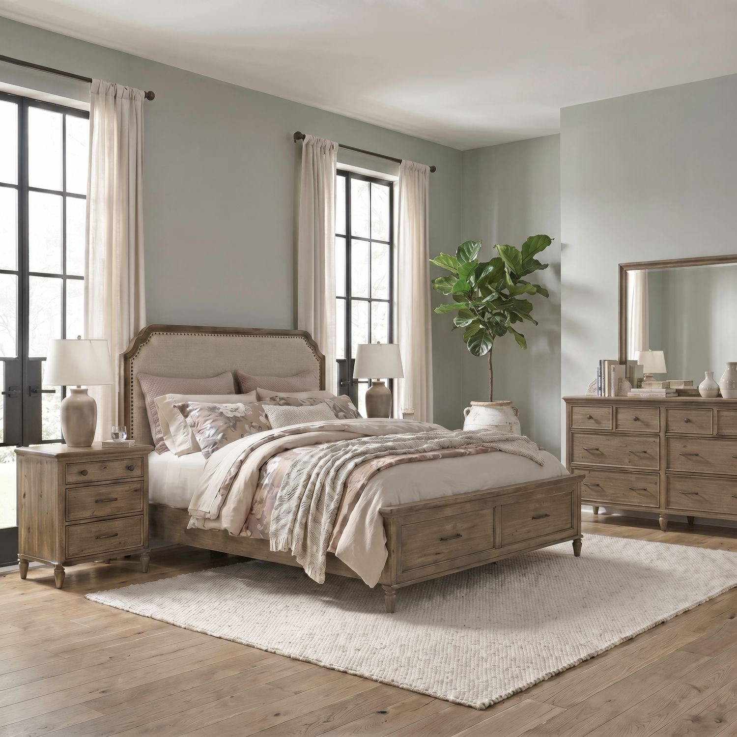 King California Uph Storage Bed, Dresser & Mirror, Night Stand