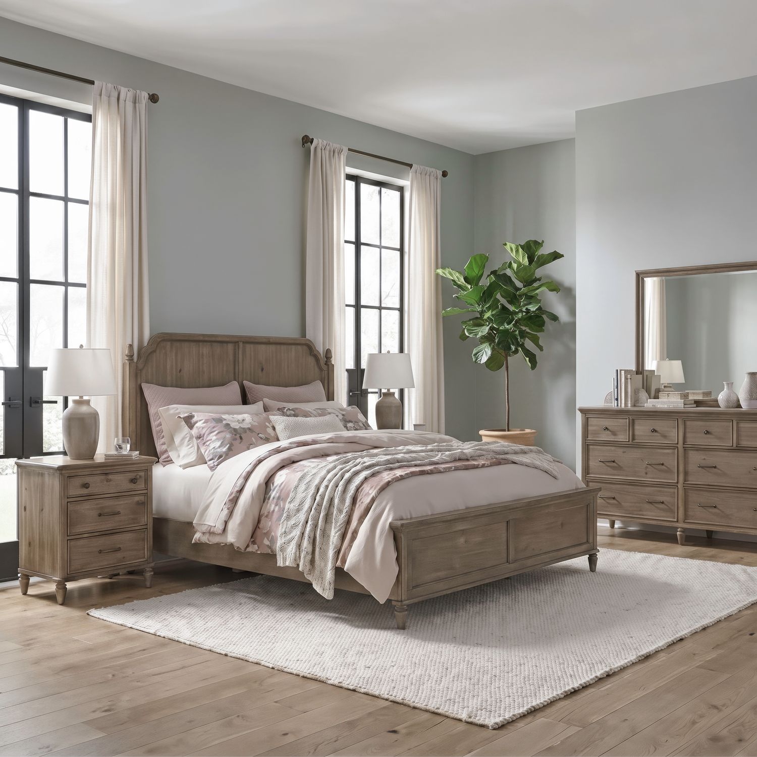 King California Panel Bed, Dresser & Mirror, Night Stand