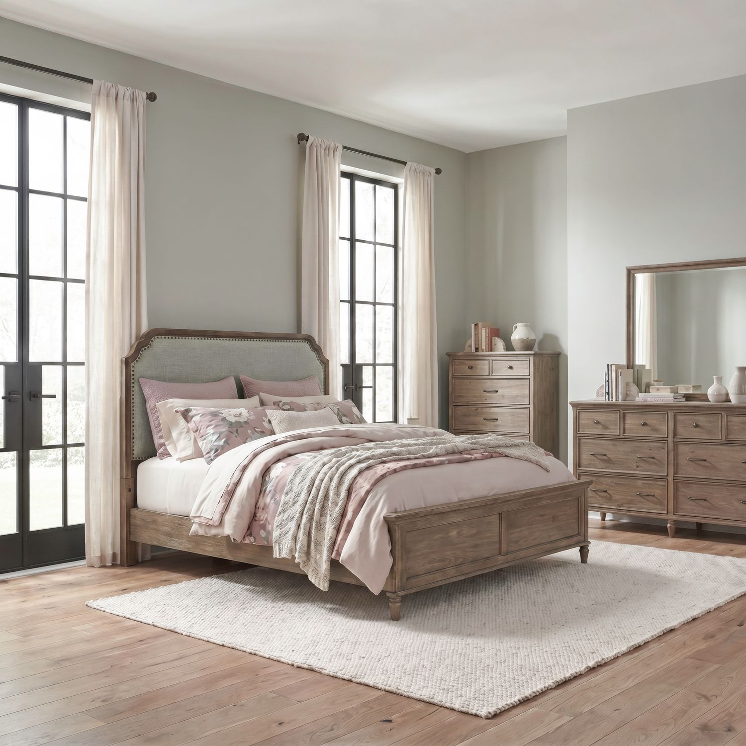 King California Uph Bed, Dresser & Mirror, Chest