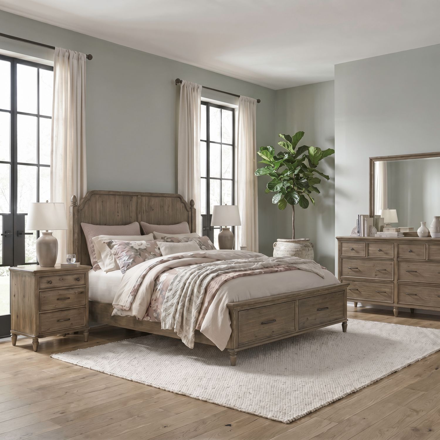 King Storage Bed, Dresser & Mirror, Night Stand