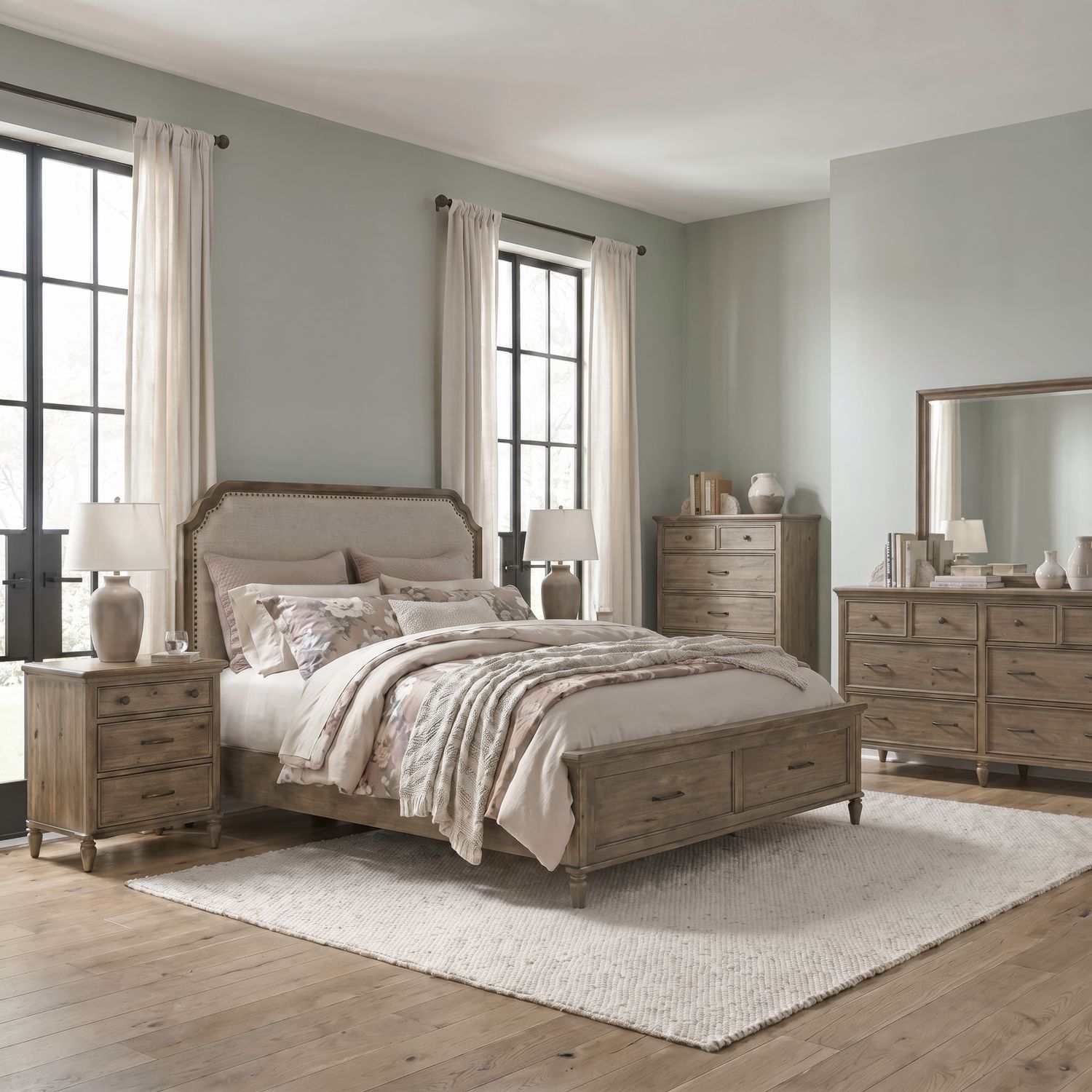 King Uph Storage Bed, Dresser & Mirror, Chest, Night Stand