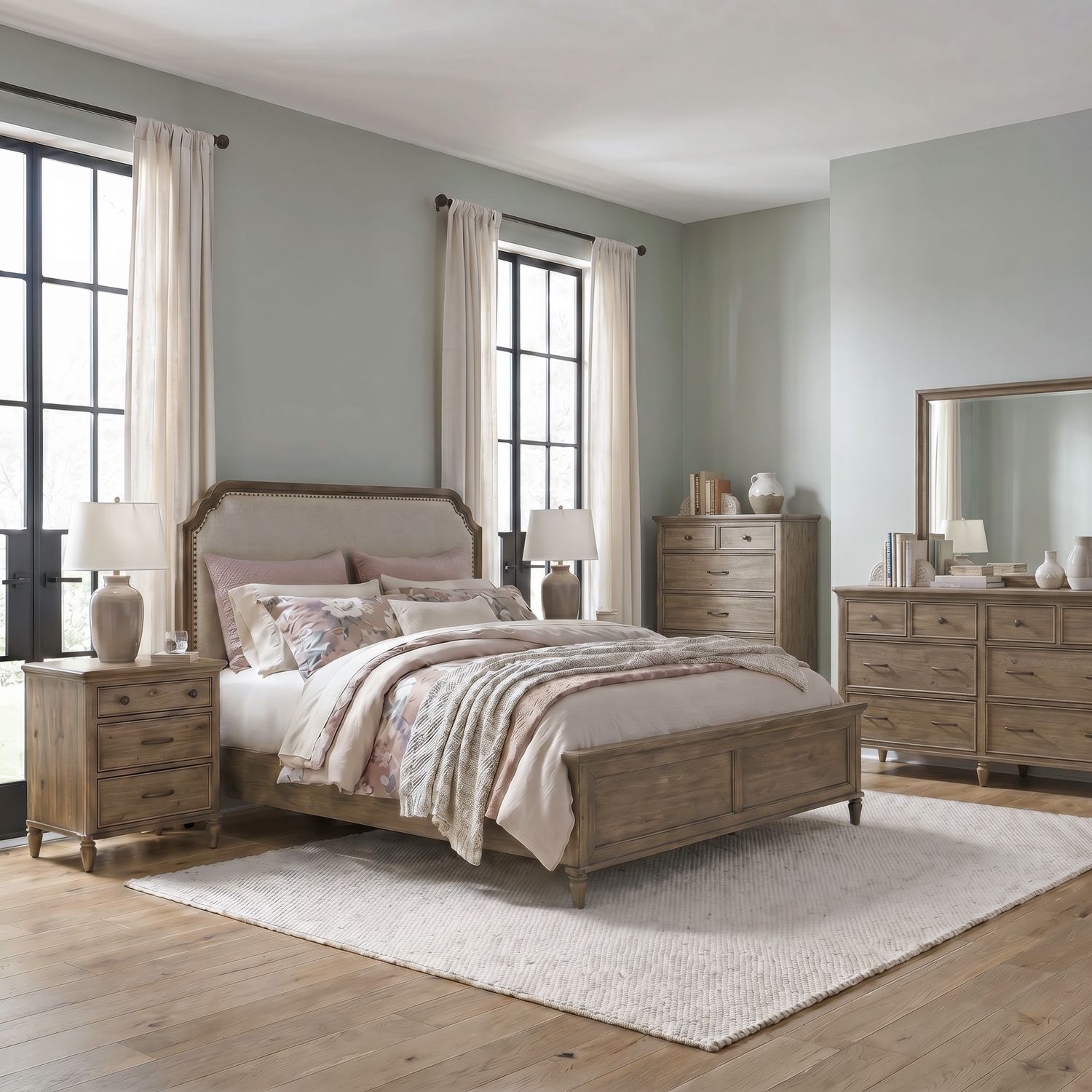 Queen Uph Bed, Dresser & Mirror, Chest, Night Stand