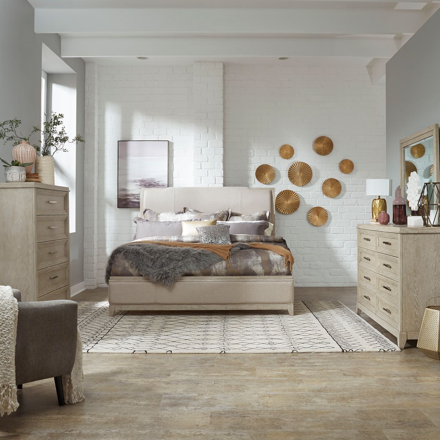 King California Upholstered Bed, Dresser & Mirror, Chest