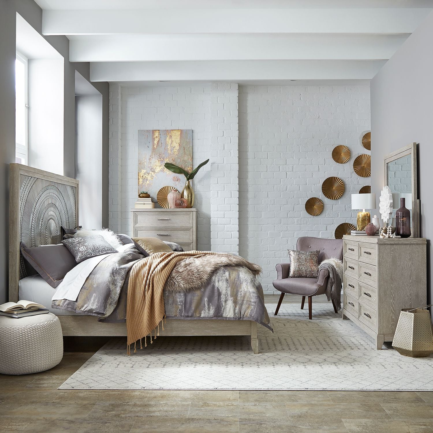 King Panel Bed, Dresser & Mirror, Chest
