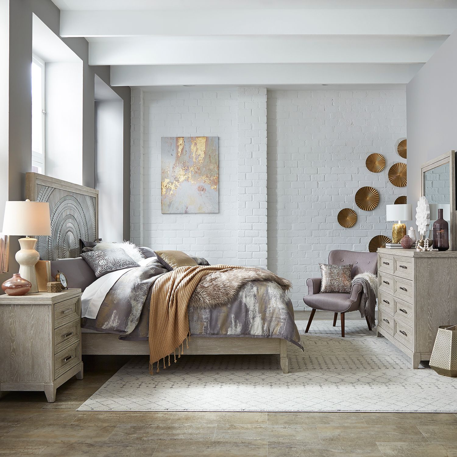King Panel Bed, Dresser & Mirror, Night Stand