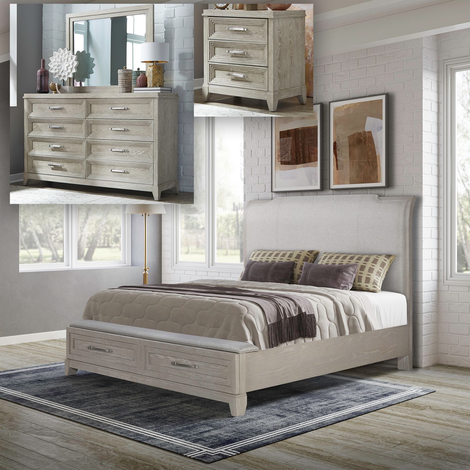 King Storage Bed, Dresser & Mirror, Night Stand