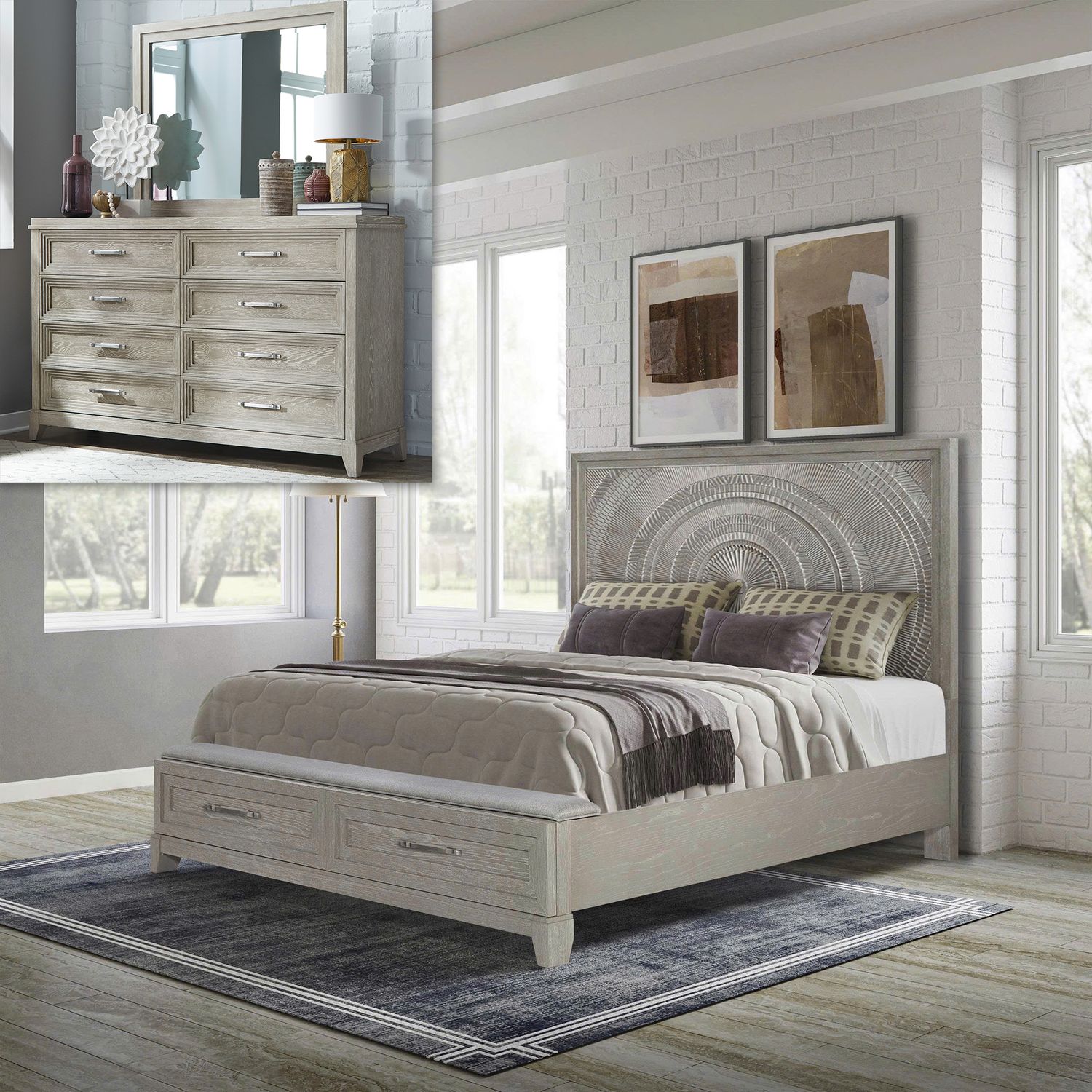 King Opt California Storage Bed, Dresser & Mirror