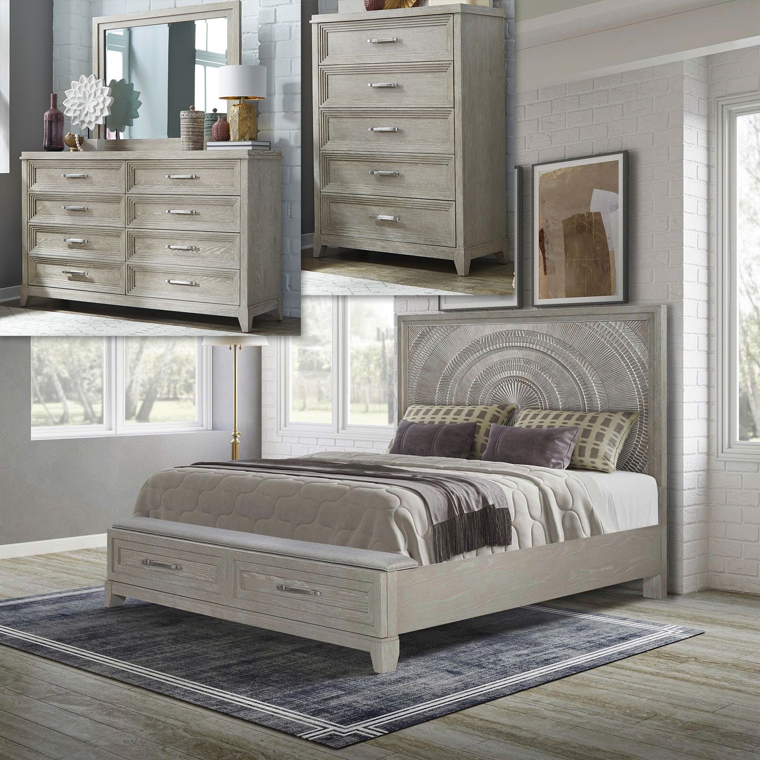King Opt California Storage Bed, Dresser & Mirror, Chest