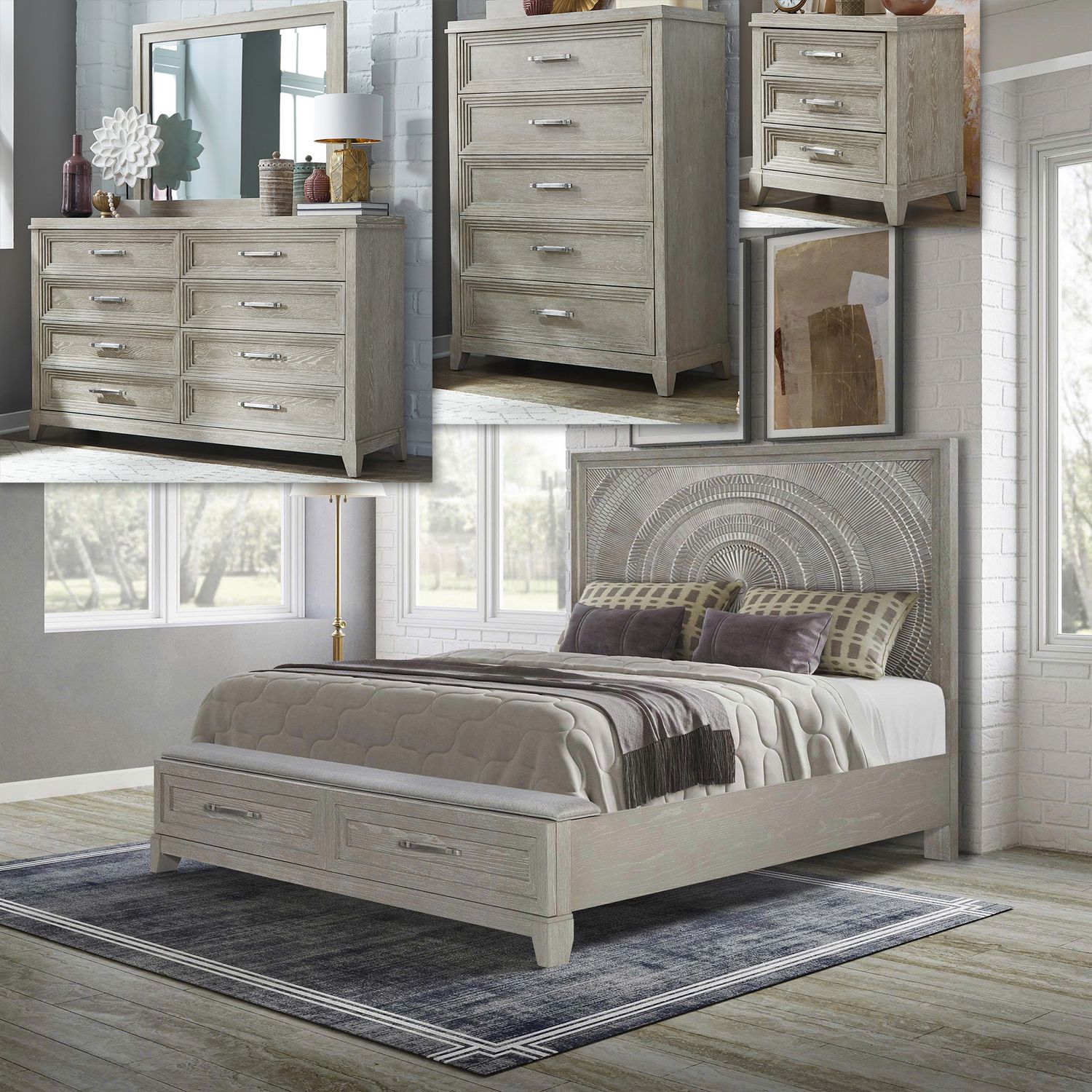 King Opt California Storage Bed, Dresser & Mirror, Chest, Night Stand