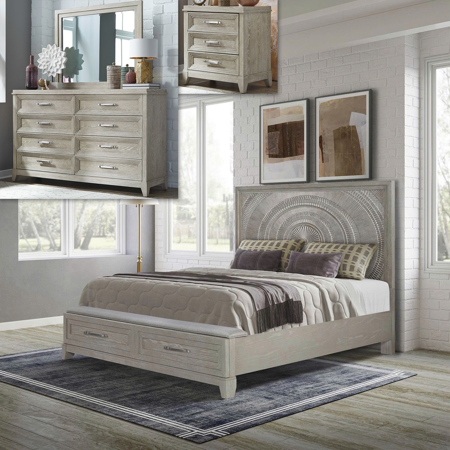 King Opt Storage Bed, Dresser & Mirror, Night Stand