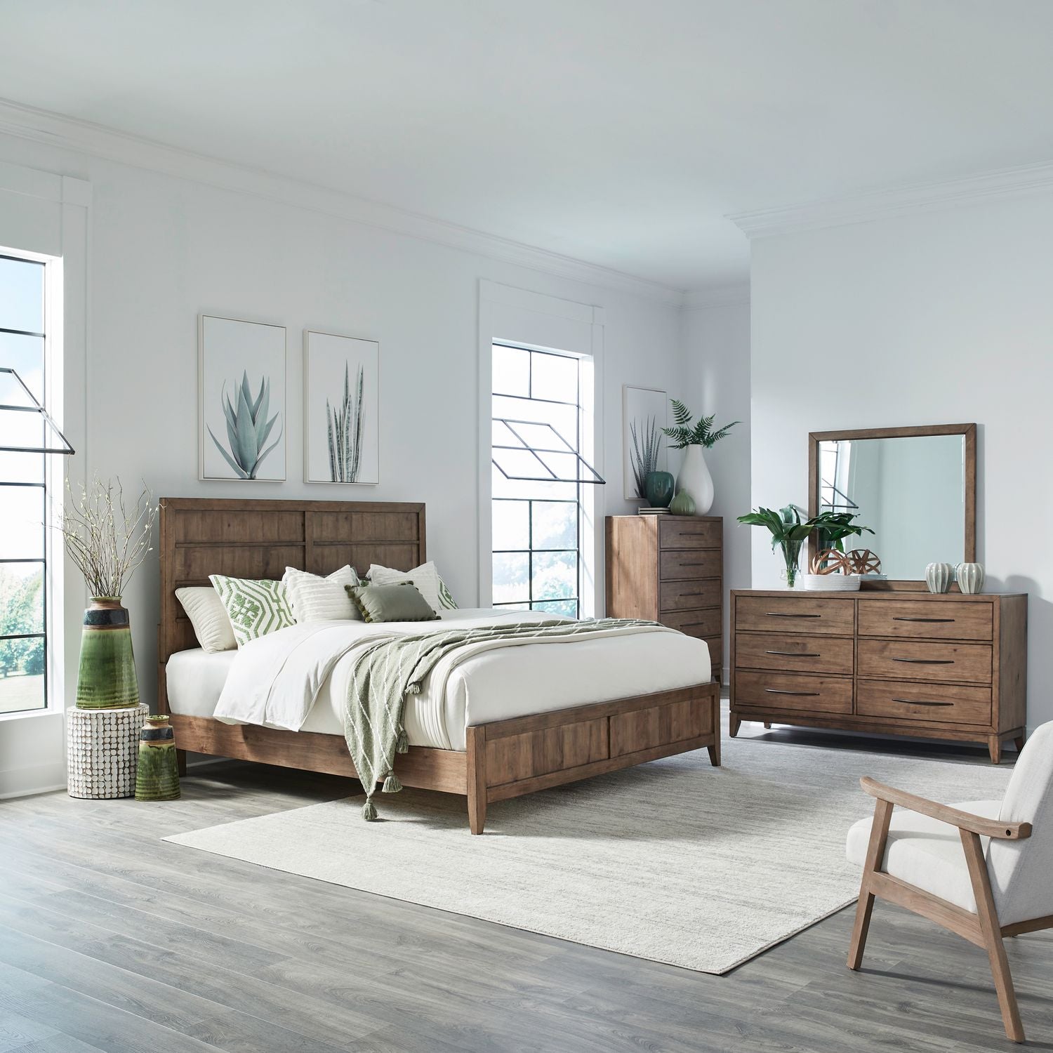 King Panel Bed, Dresser & Mirror, Chest