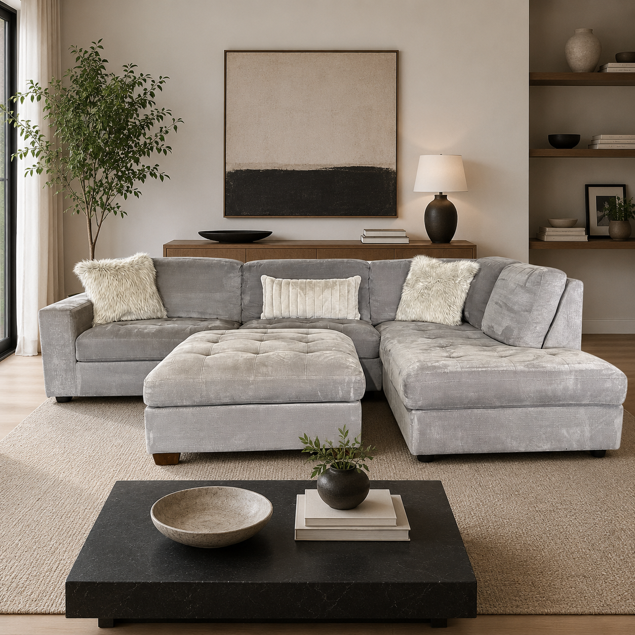 Thomasville Gray Sectional with Right Bumper Chaise and Ottoman