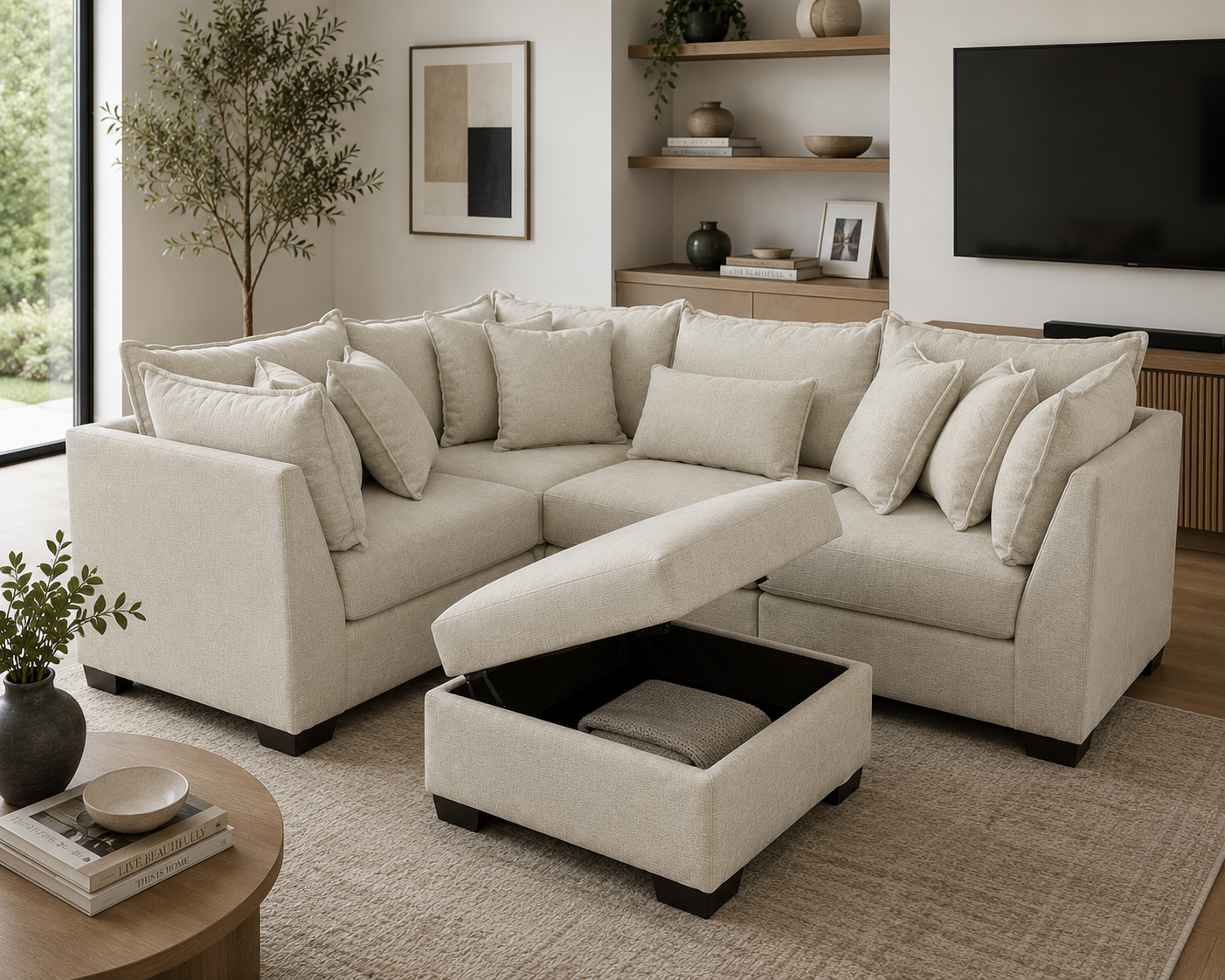 Alina 5 Pc Corner Sectional with Storage Ottoman in Ivory