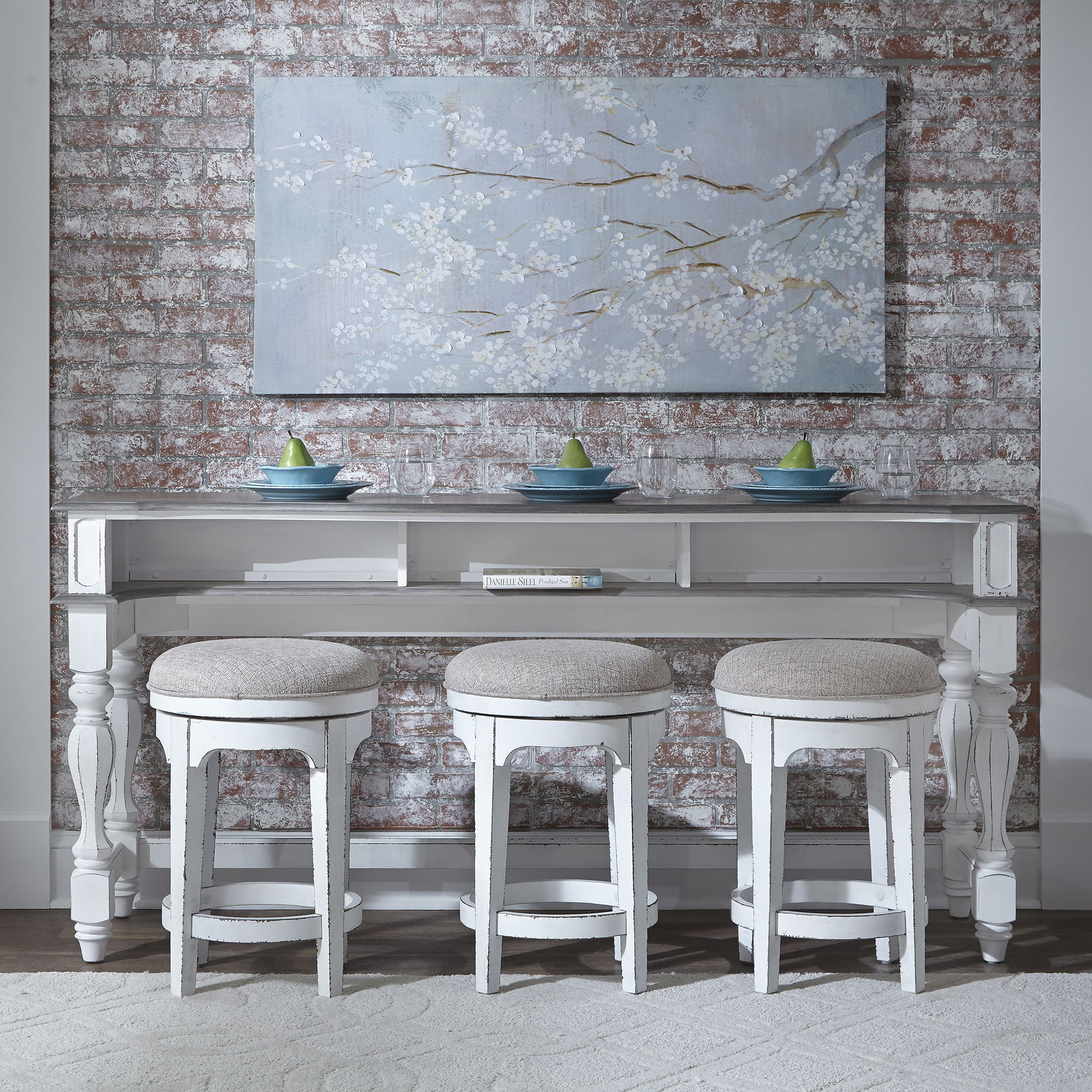 Magnolia Manor - 4 Piece Console Set (1 Console 3 Stools) - Antique White